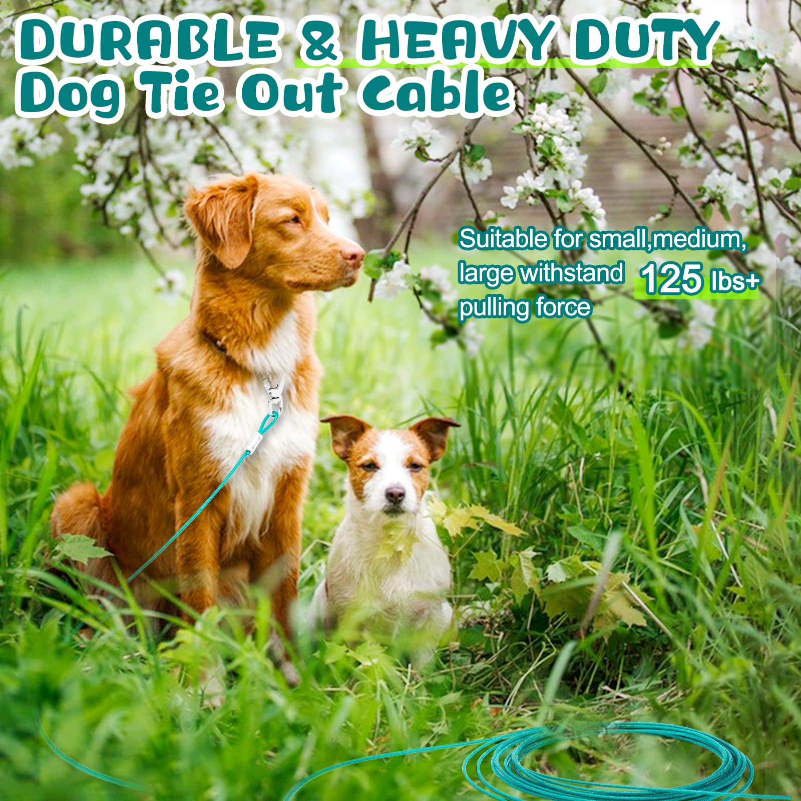 Tie Out Cable For Dogs, 50Ft Dog Leads For Yard Chew Proof, Heavy Duty Dog Tie Out Cable For Large Dogs Up To 125Lbs, Durable Dog Runner For Yard Or Camping