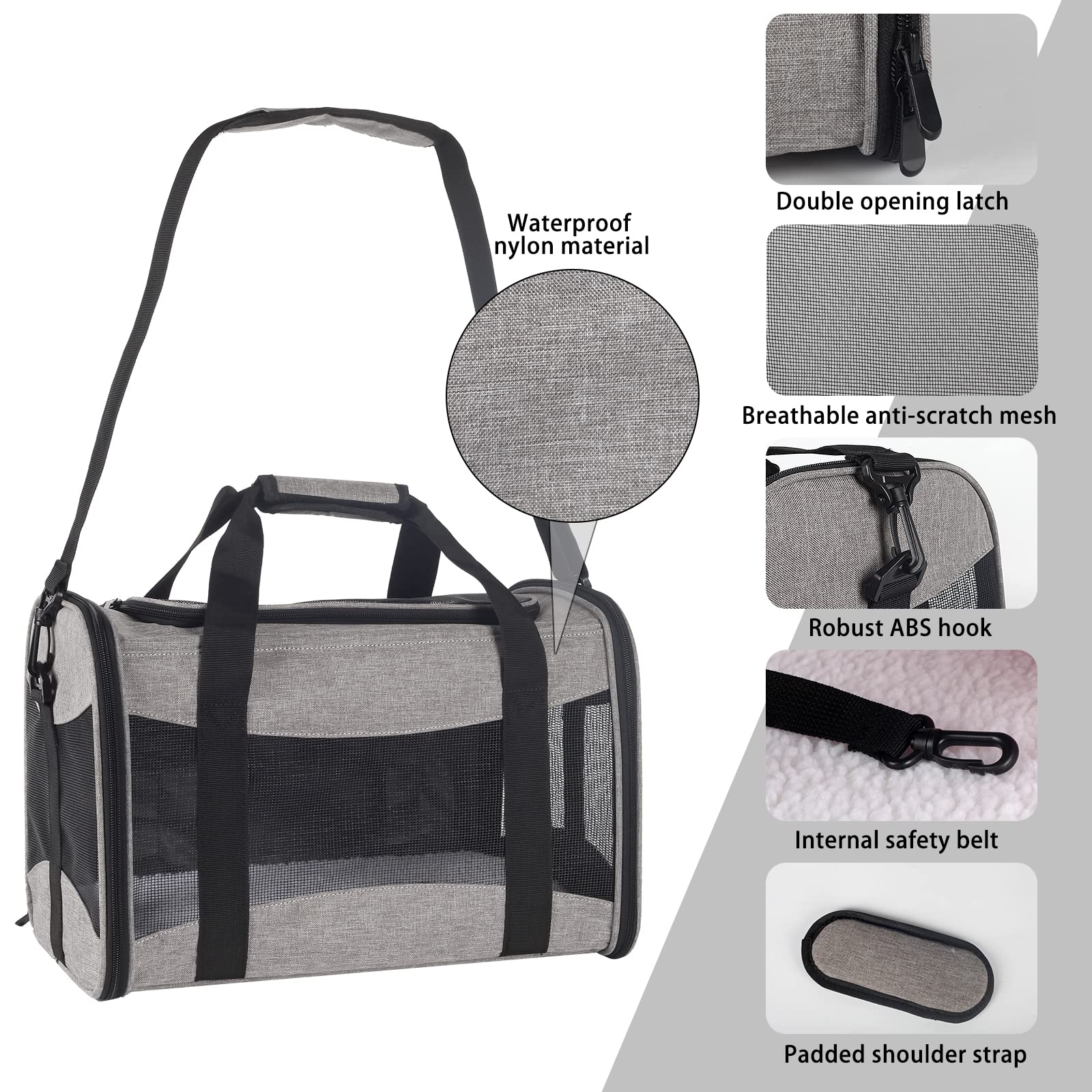 Cat Carrying Case - Pet Carrier Airline Approved, Protable And Breathable Pet Travel Carrier Removable Fleece Pad, Collapsible Cat Carrier Dog Carrier For Medium Cats Small Cats Dogs (X-L Grey&Black)