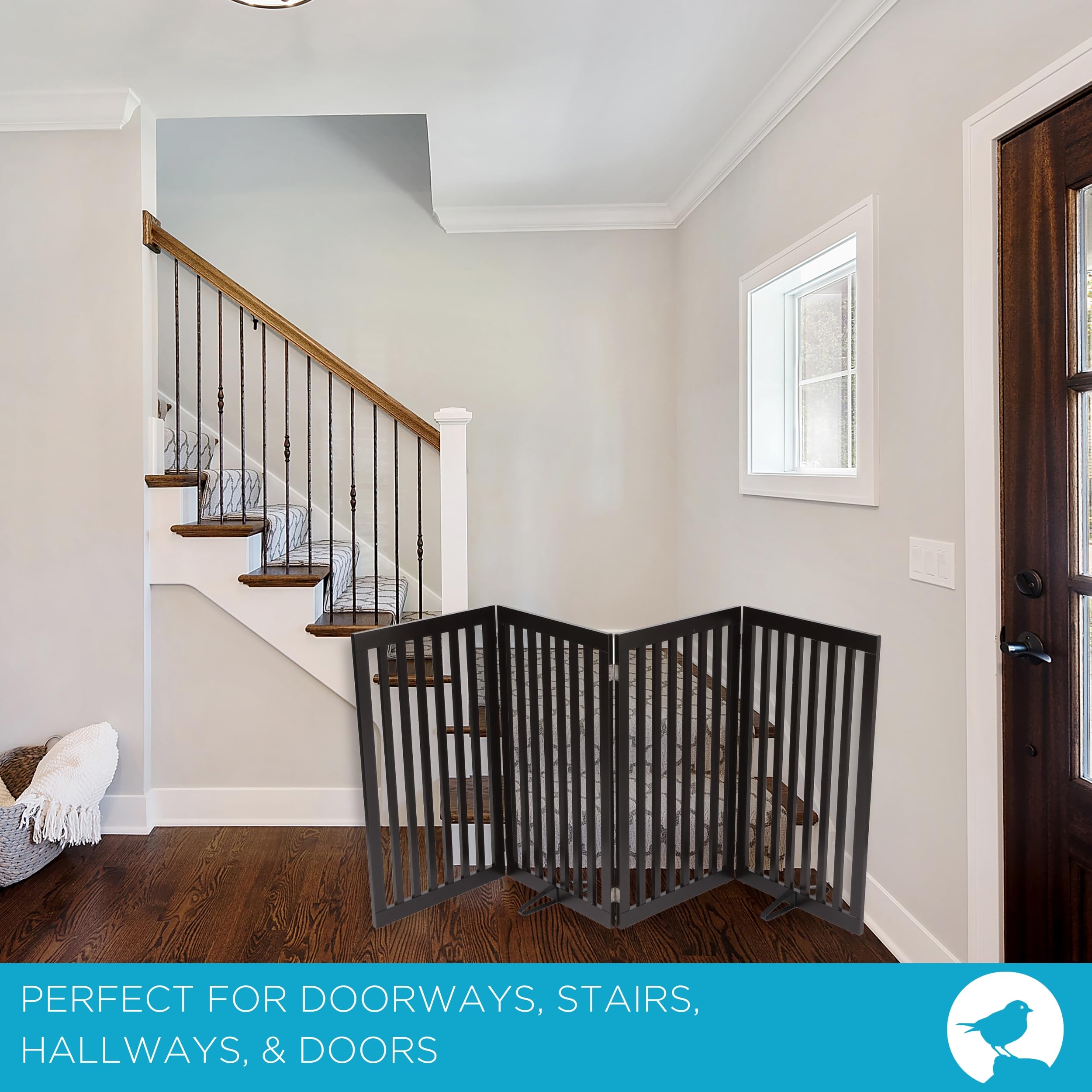 INTERNETS BEST Dog Gate with Support Feet, Indoor Freestanding Pet Barrier, Folding Wood Cat or Dog Fence, Extra Wide Doorway P