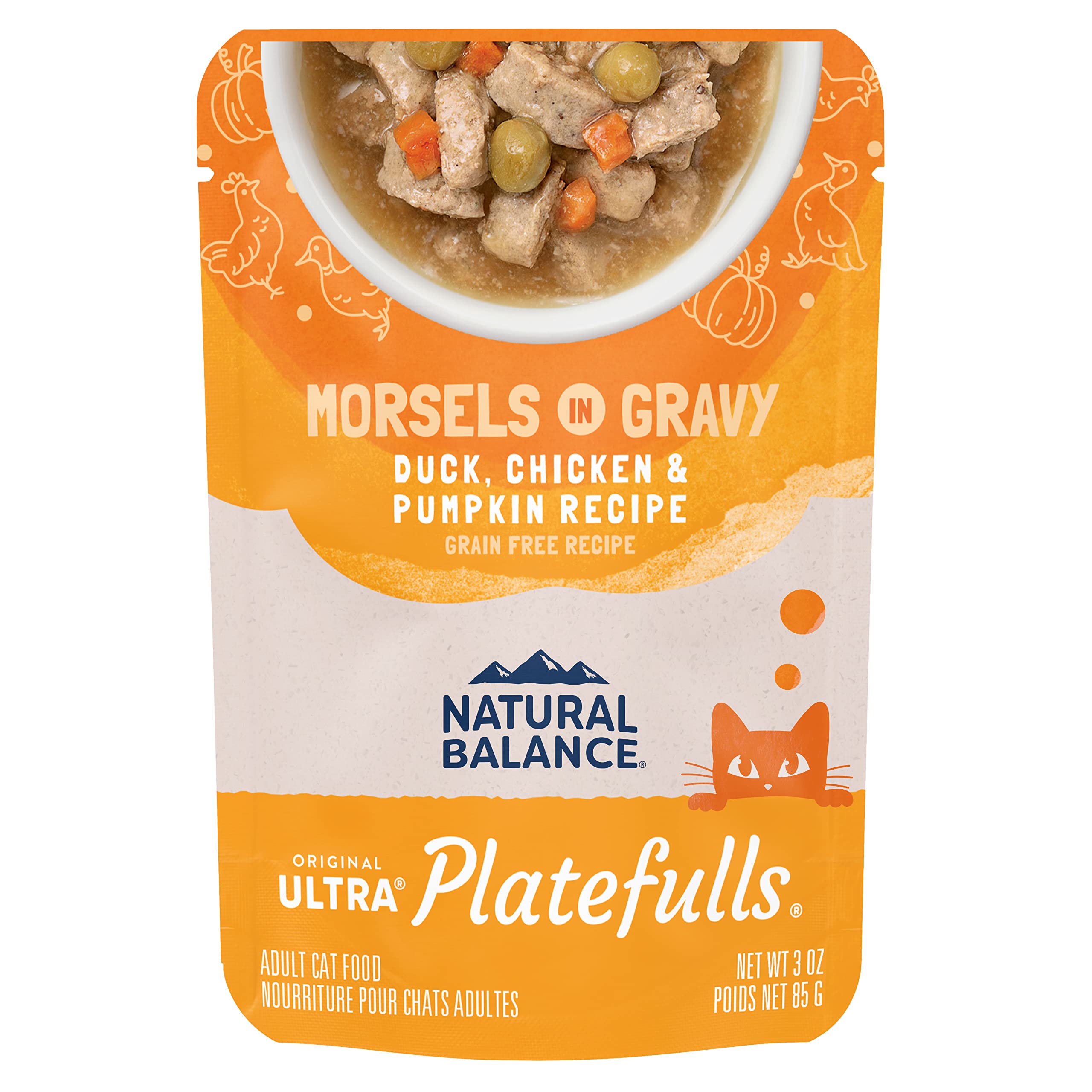 Natural Balance Original Ultra Platefulls Indoor Adult Grain Free Wet Cat Food, Duck, Chicken & Pumpkin Recipe, 3 Ounce Pouch (P