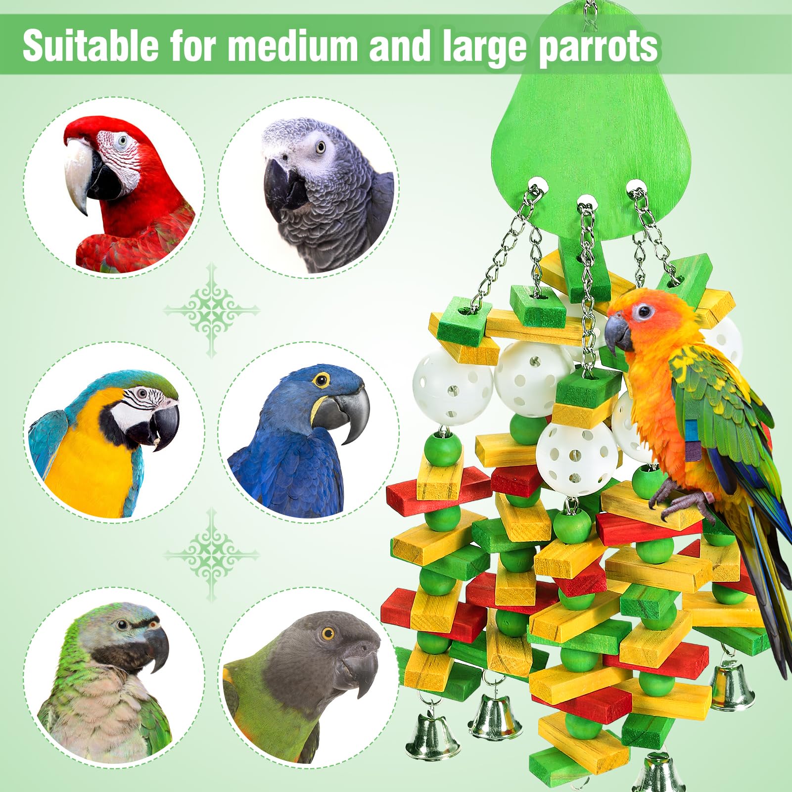 Large Bird Toys, Parrot Toys Gift For Macaws African Grey Amazon Parrots, Chewing Toy For Large Birds With Colorful Wooden Block