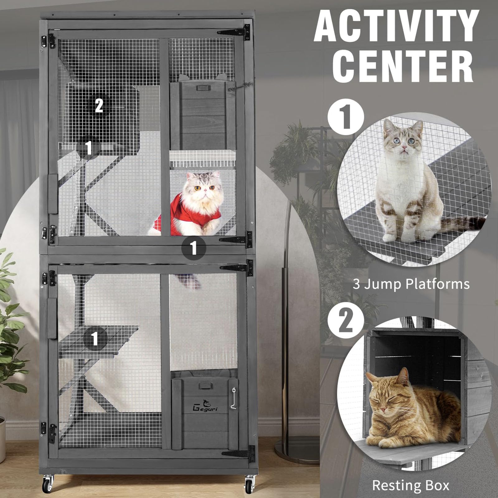 Geguri Cat Catio Outdoor, Large Wooden Cat Enclosures On Wheels, Indoor Kitty Patio With Upgraded Resting Box, Waterproof Roof