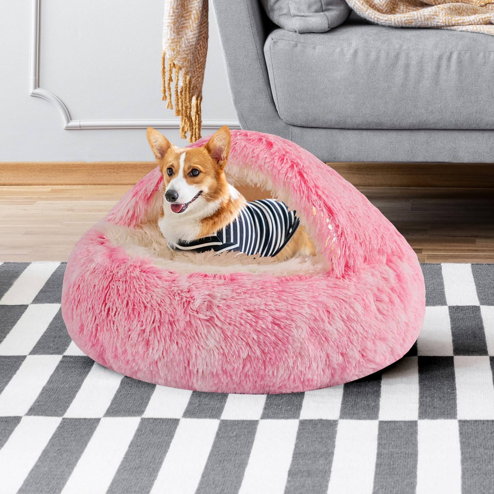 Round Hooded Cat & Dog Bed Cave, Faux Fur Cuddler - Donut Bed Fits Up To 5 Lbs Pets (Pink, 16'' X 16'')