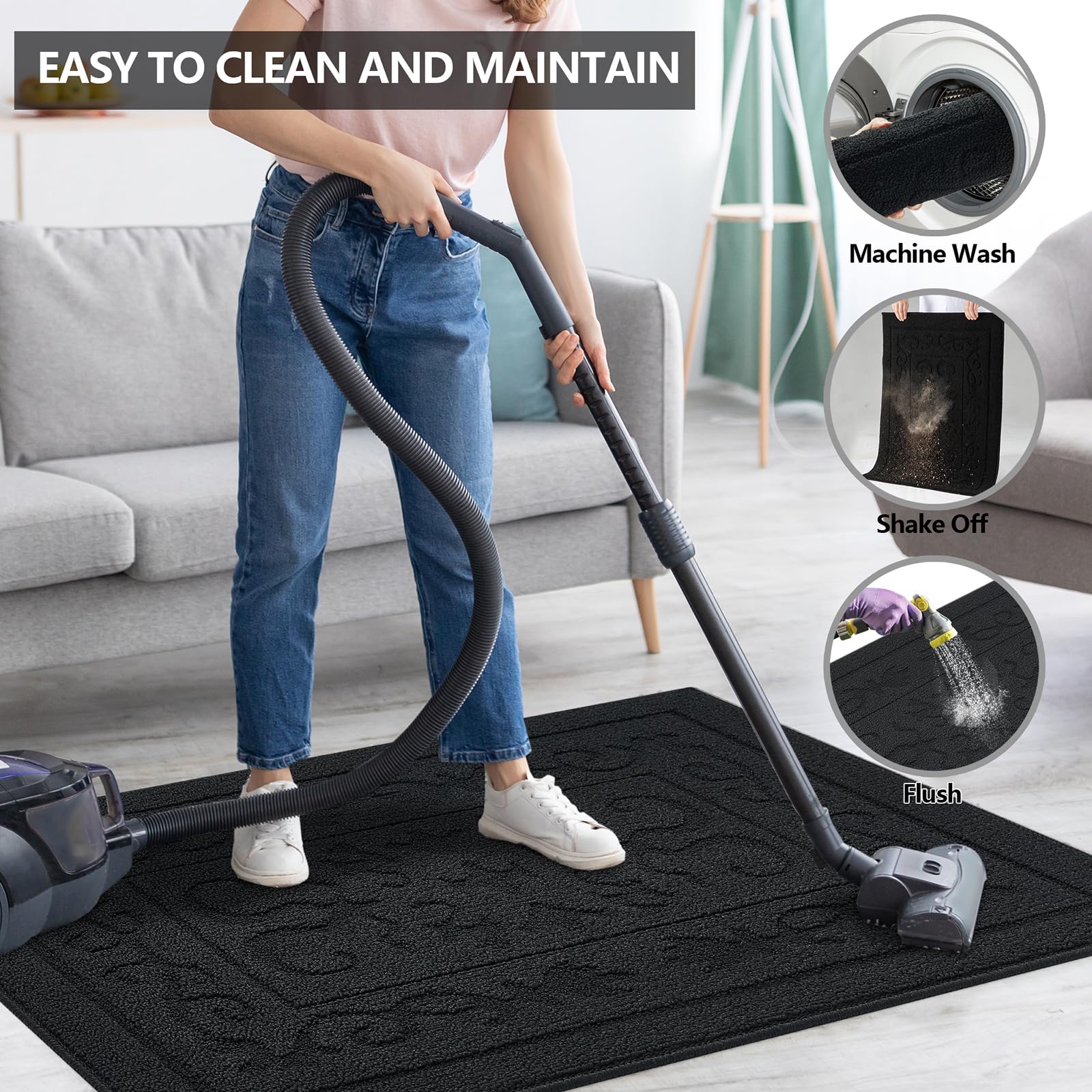 Foneyi Indoor Door Mat, Front Back Door Mat 32' X 40' Non-Slip Rubber Backing Door Rug, Machine Washable Entry Rug, Low Profile Absorbent Dirt Trapper Doormat Inside Floor Mats For Entryway, Black