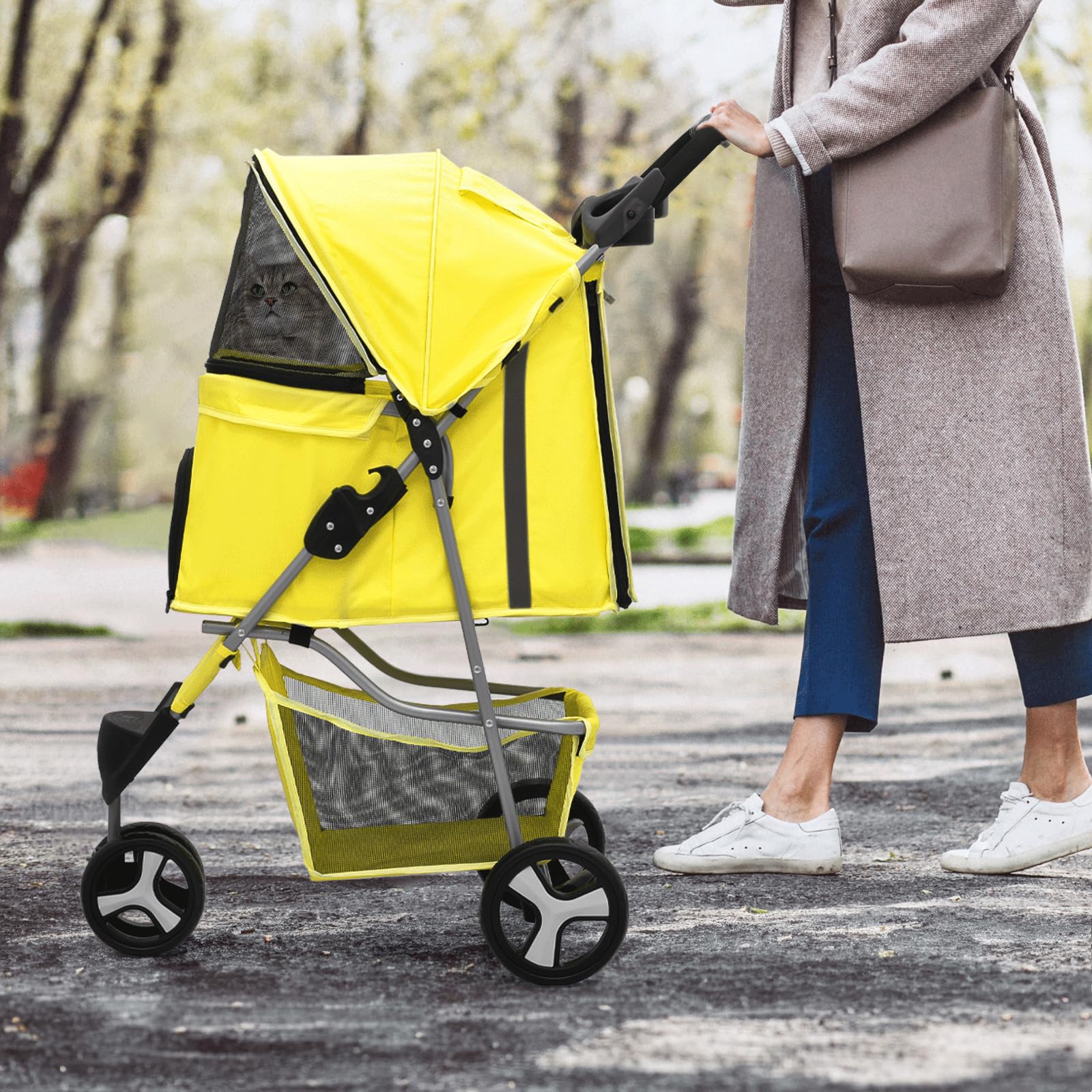 Monibloom Foldable Pet Stroller With Waterproof Cover, 3-Wheels Dog Strolling Cart For Small/Medium Dogs And Cats With Storage Basket And Cup Holder, Breathable And Visible Mesh For All-Season, Yellow