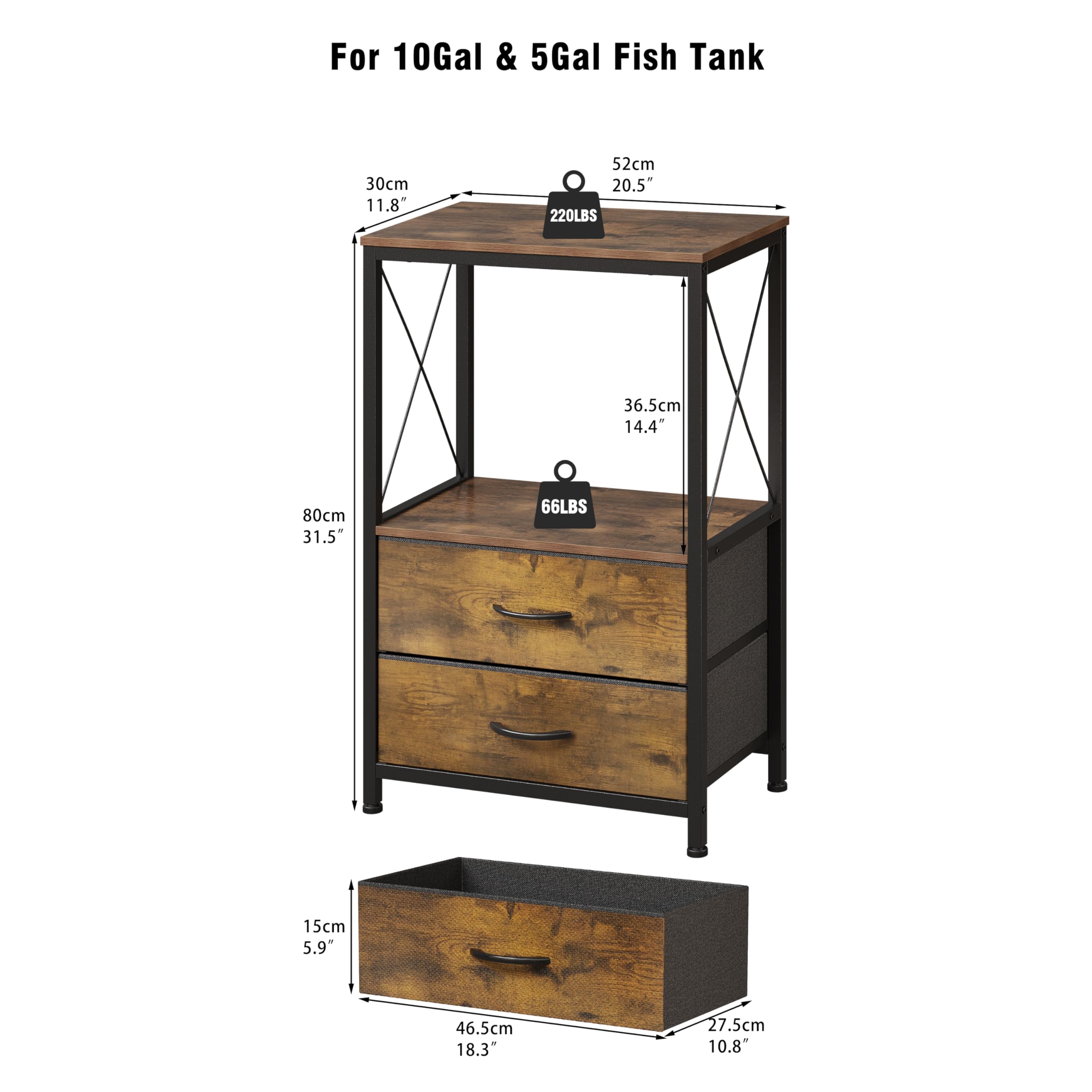 Welfuturer 10 Gallon Aquarium Stand with 2-Tier Shelf Fish Tanks Stand with 2 Drawers Metal Frame Heavy Duty Reptile TurtleTank