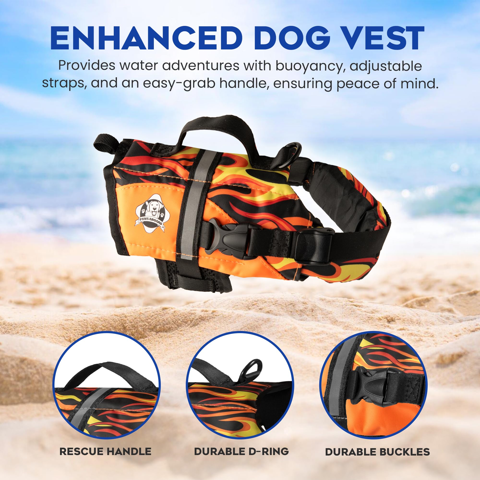 Paws Aboard Dog Life Jacket - Keep Your Canine Safe with a Nylon Life Vest for Swimming and Boating - Racing Flames - Design to Choose - XXS to XL