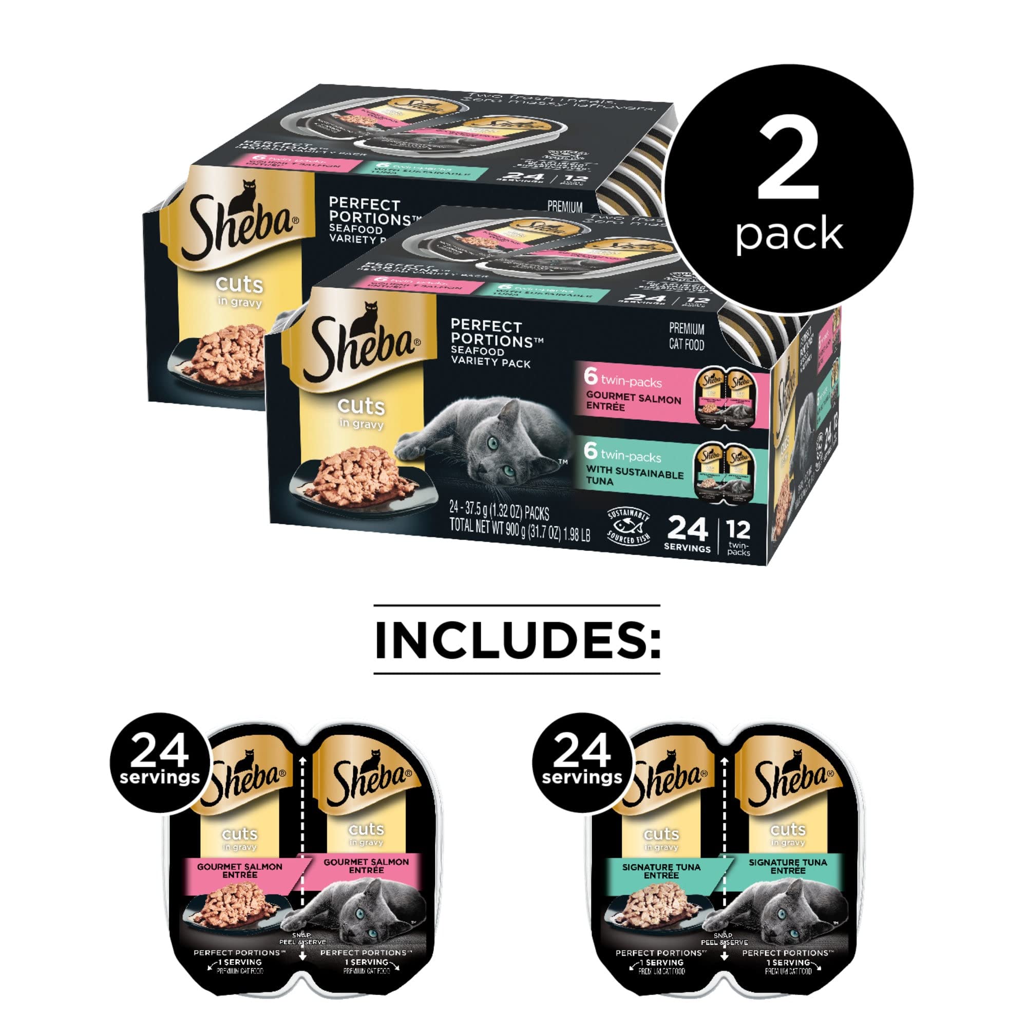 Sheba Perfect Portions Cuts in Gravy Multipack Salmon & Tuna Wet Cat Food, 2.64 oz., 12 Twin Packs