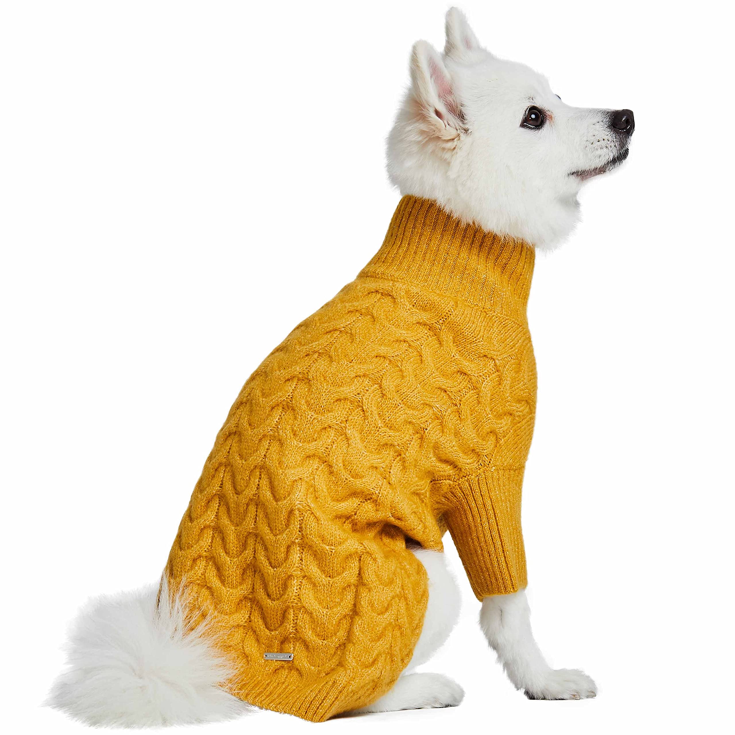 Blueberry Pet Classic Fuzzy Textured Knit Pullover Turtle-Neck Dog Sweater In Mustard Yellow, Back Length 22', Pack Of 1 Clothes For Dogs