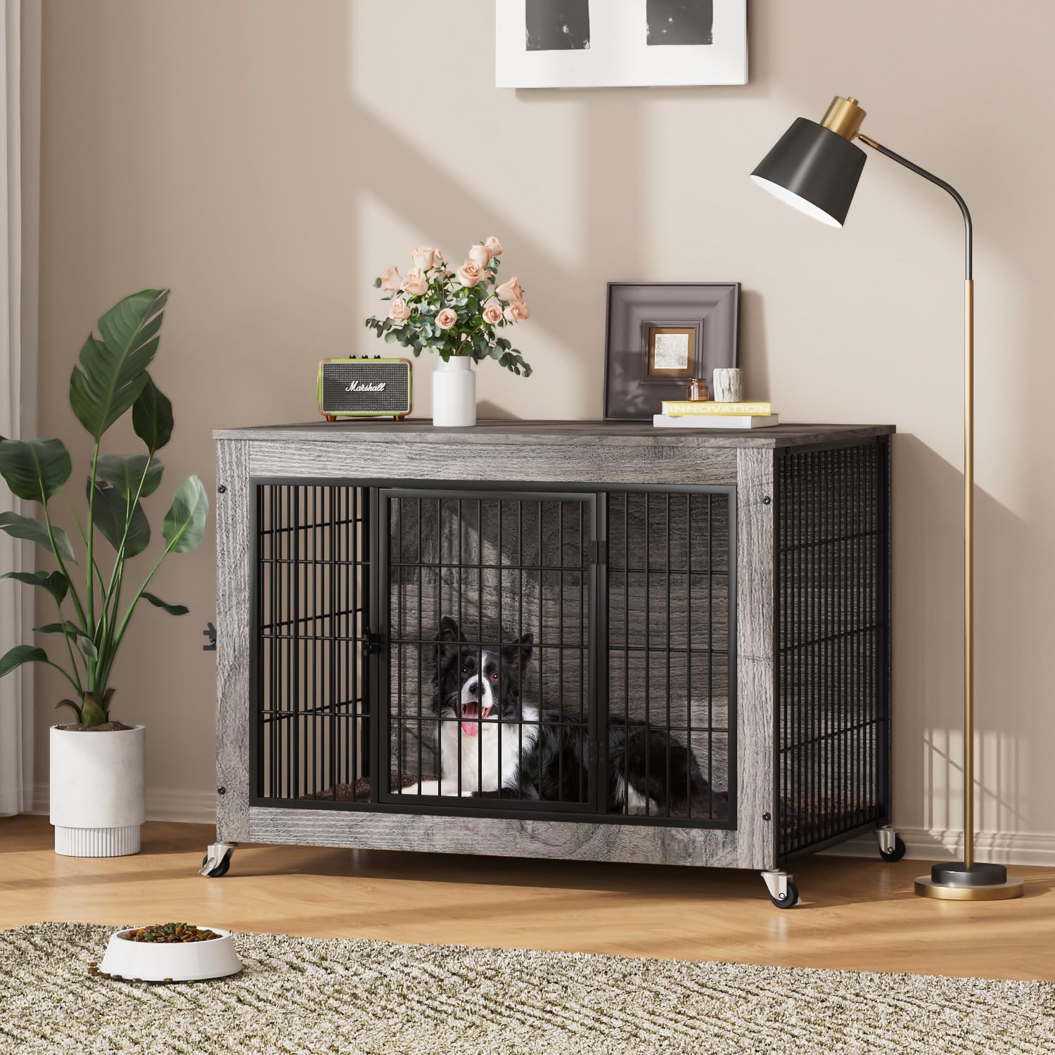 PRETZI Dog Crate Furniture with Cushion,38  Wooden Dog Crate nightstand with Double Doors, Grey Kennel Indoor with Wheels, Decor
