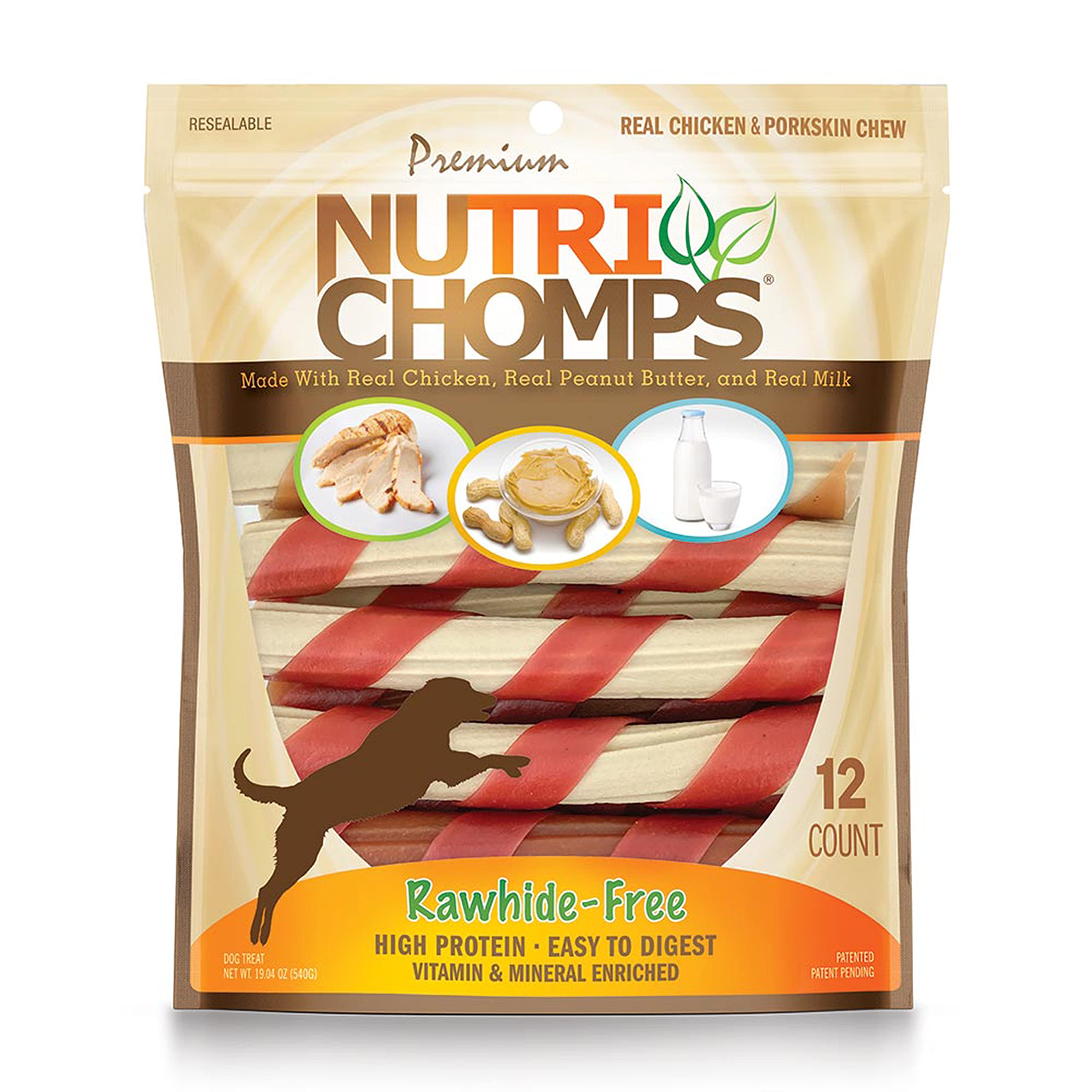 NutriChomps Dog Chews - 6-inch Twists, Easy to Digest, Rawhide-Free Dog Treats, Healthy, 12 Count, Real Chicken, Peanut Butter a