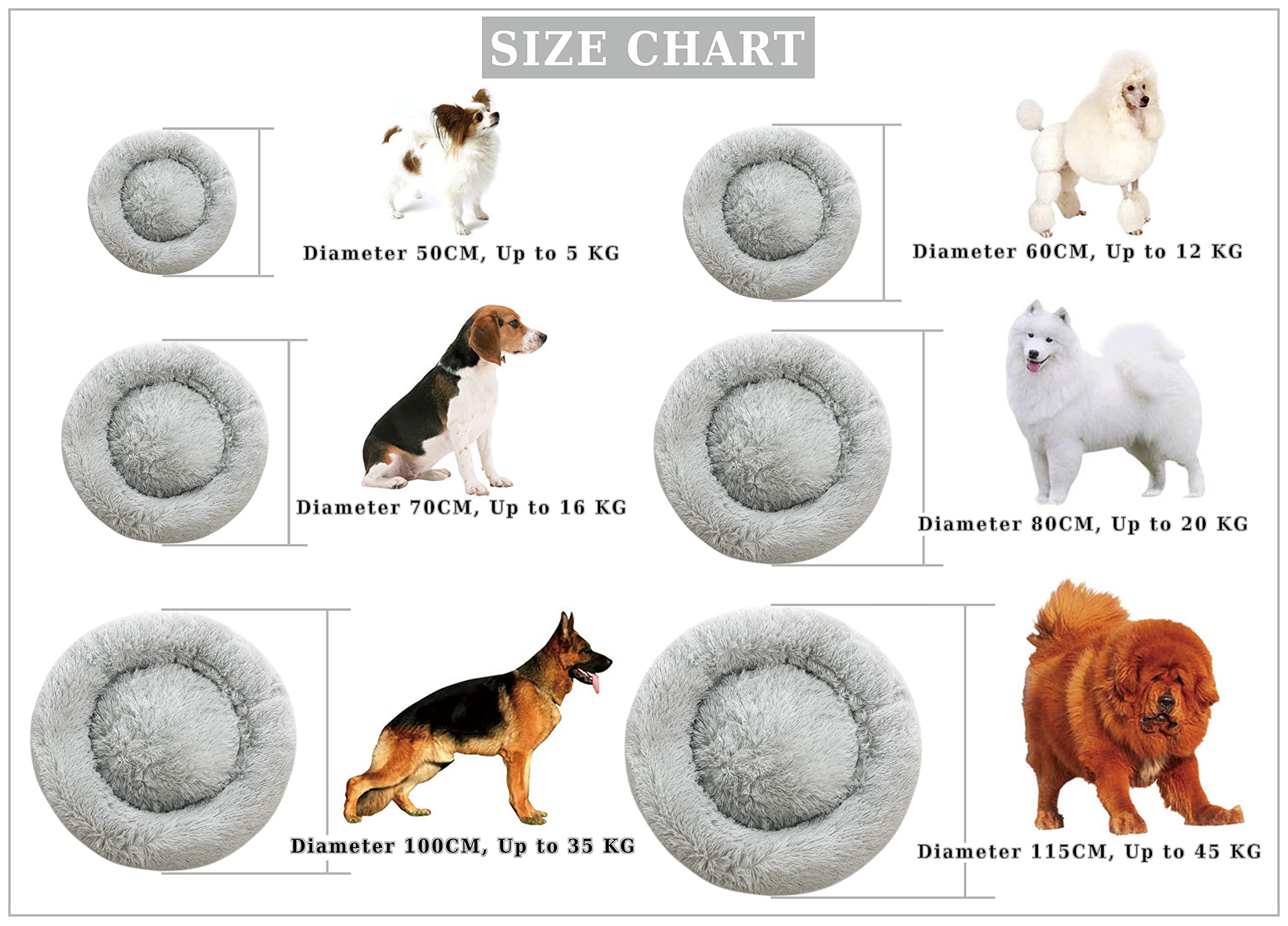 Comlax Calming Donut Dog Beds, 45 Inches Round Cushion With Removable Washable Cover, Anti-Anxiety Faux Fur Cuddler, Fluffy Comf