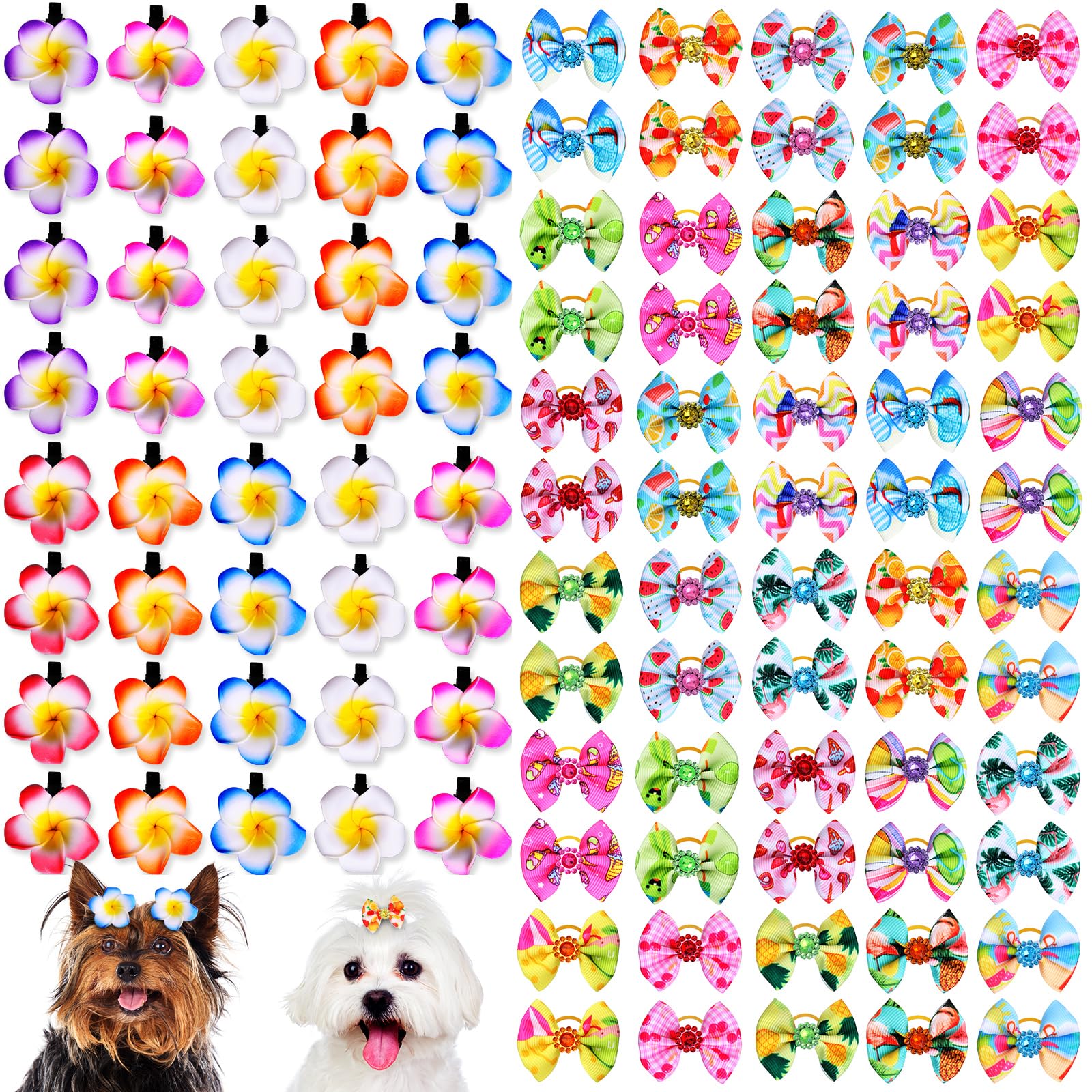 Piklodo 100Pcs Spring Summer Dog Bows And Dog Hair Clips Dog Hair Bows With Rubber Bands Flower Puppy Bow Floral Pet Hair Barret