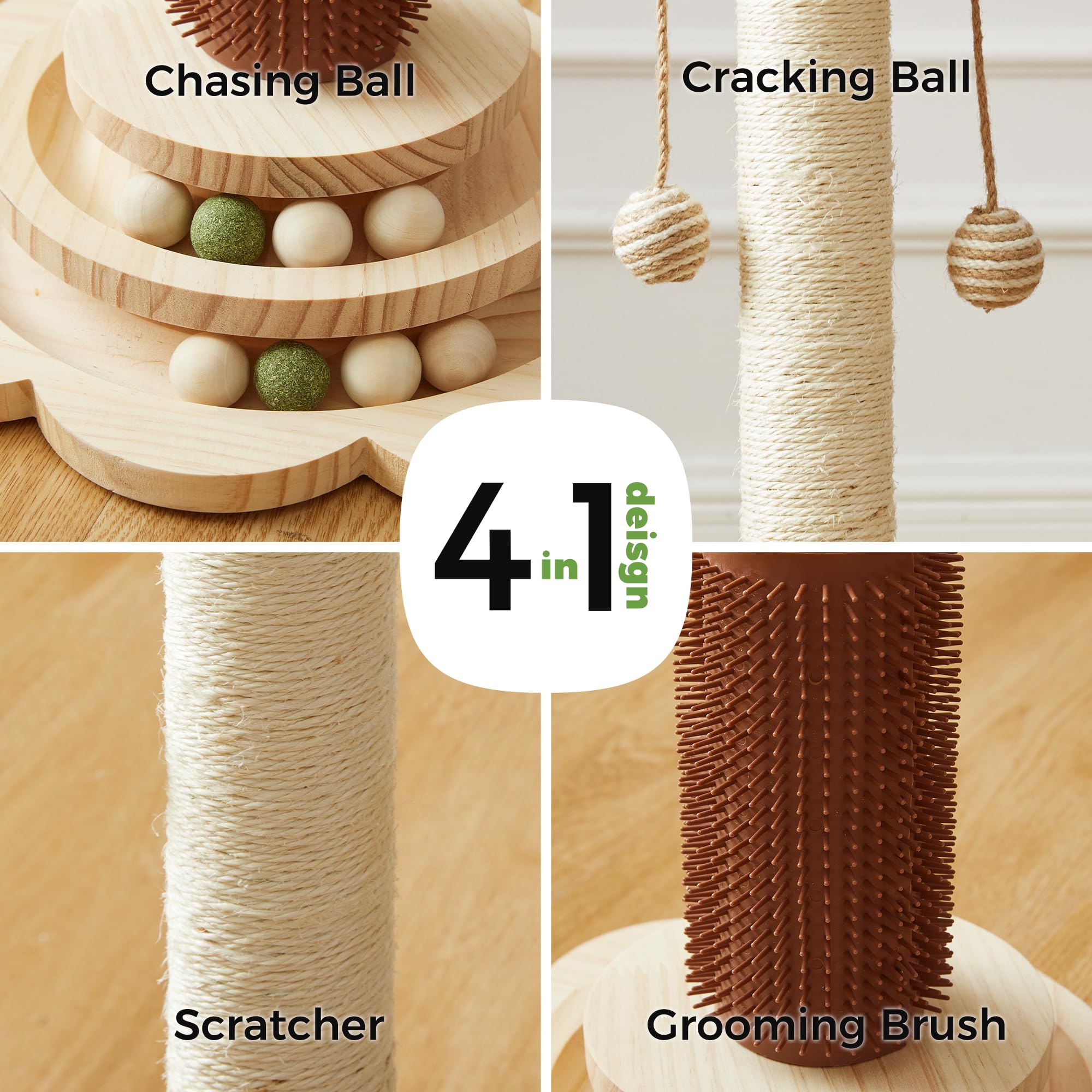 KHALOR Cat Sisal Scratching Post, 4 in 1 Wooden Cat Scratcher Toy with Groomer, 24 Tall Scratch Post with 2-Layer Interactive Tr