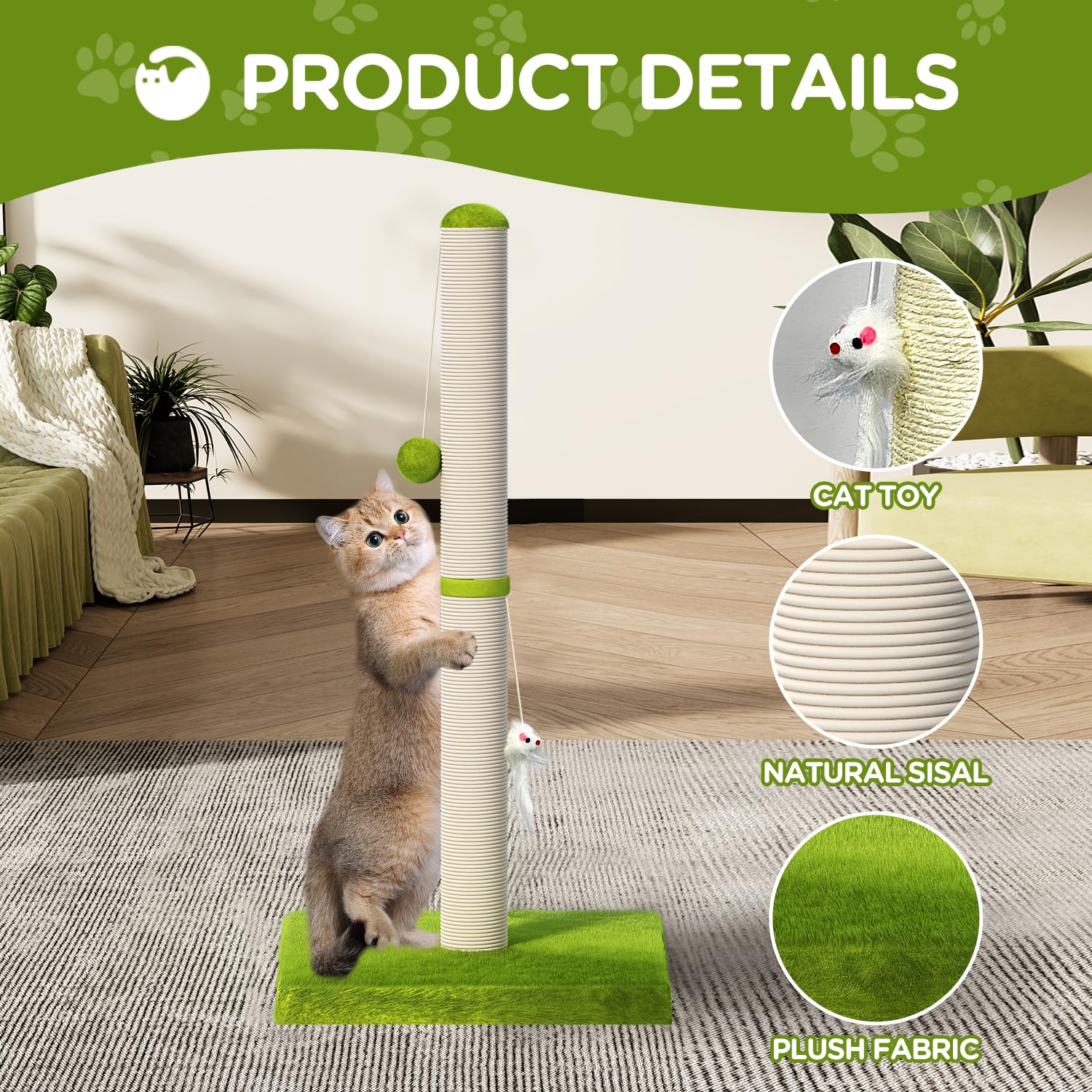 Meowhomm 32    Tall Cat Scratching Posts For Indoor Adult Cats And Kittens With 2 Hanging Balls, Large Cat Scratch Post Cat Scra