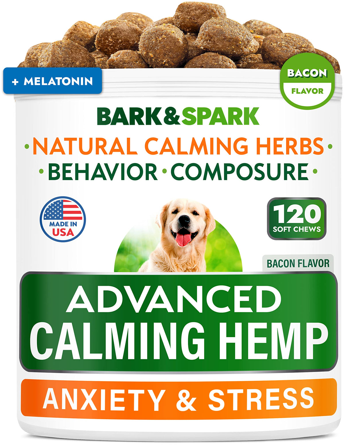 Bark&Spark Advanced Calming Hemp Treats For Dogs - Hemp Oil + Melatonin - Anxiety Relief - Separation Aid - Stress Relief During Fireworks, Storms, Thunder - Aggressive Behavior, Barking - 120 Chews