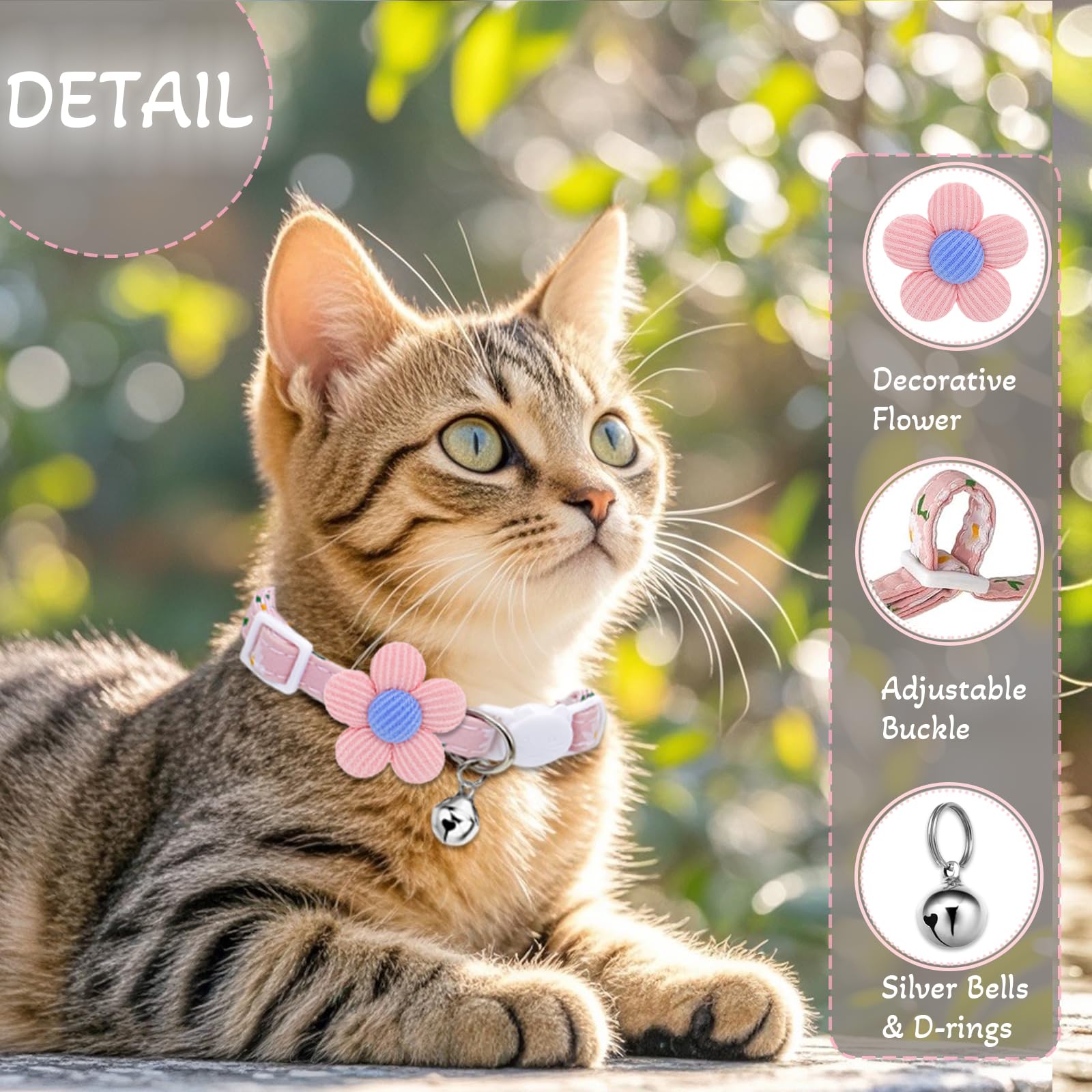 Cat Collar, Hanshilai Kitten Collar With Bells, Cute Cat Collar Breakaway For Girl Boy With Flower,Collar Para Gatos (2 Pack) (F
