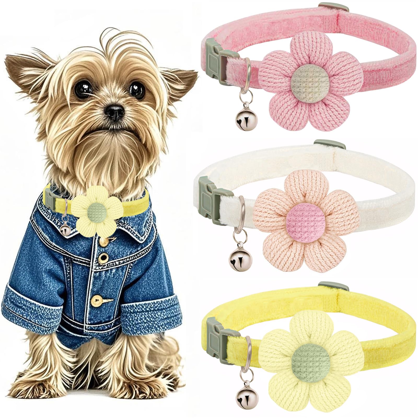 Puppy Collars, Small Dog Collars For Small Dogs With Bellxs Dog Collars For Girl Boy With Flower (White + Yellow + Pink)