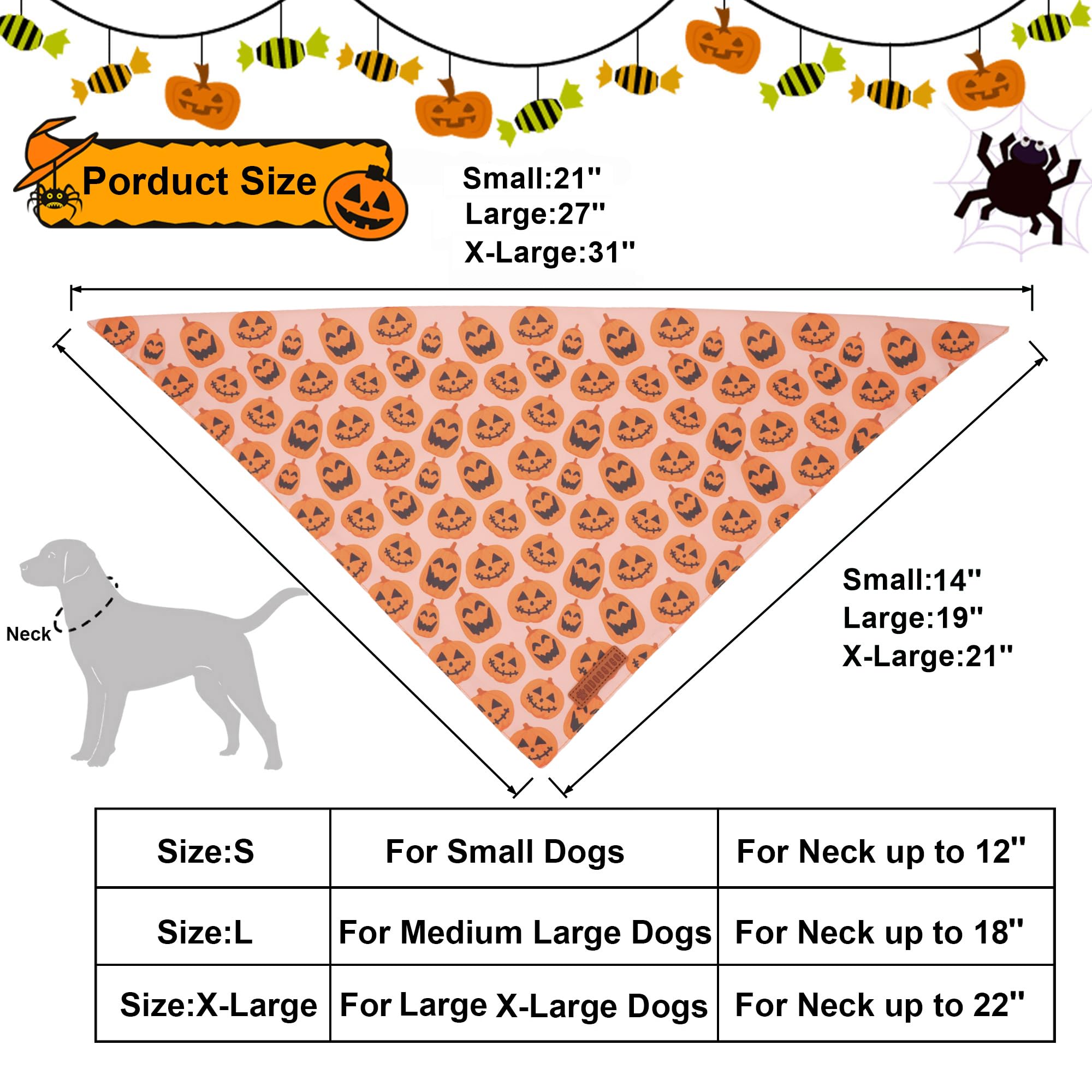 ADOGGYGO Halloween Dog Bandana, Pumpkin Ghost Pet Scarf, Premium Durable Fabric, Adjustable Fit Halloween Bandanas for X-Large D