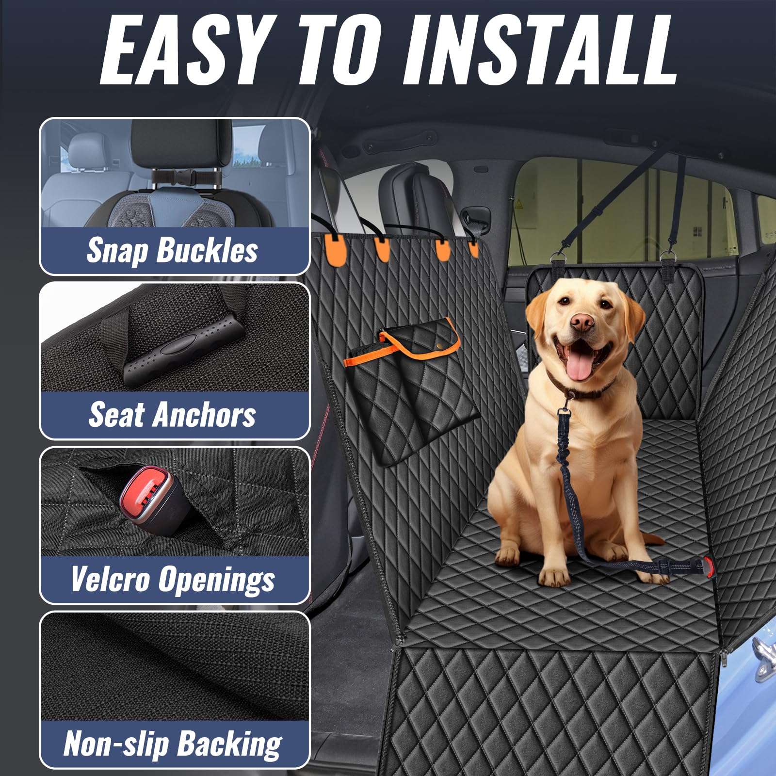 fidozen Dog Car Seat Cover for Back Seat - Waterproof Nonslip Hammock with Dog Seat Belt, Universal Fit Pet Seat Protector for C
