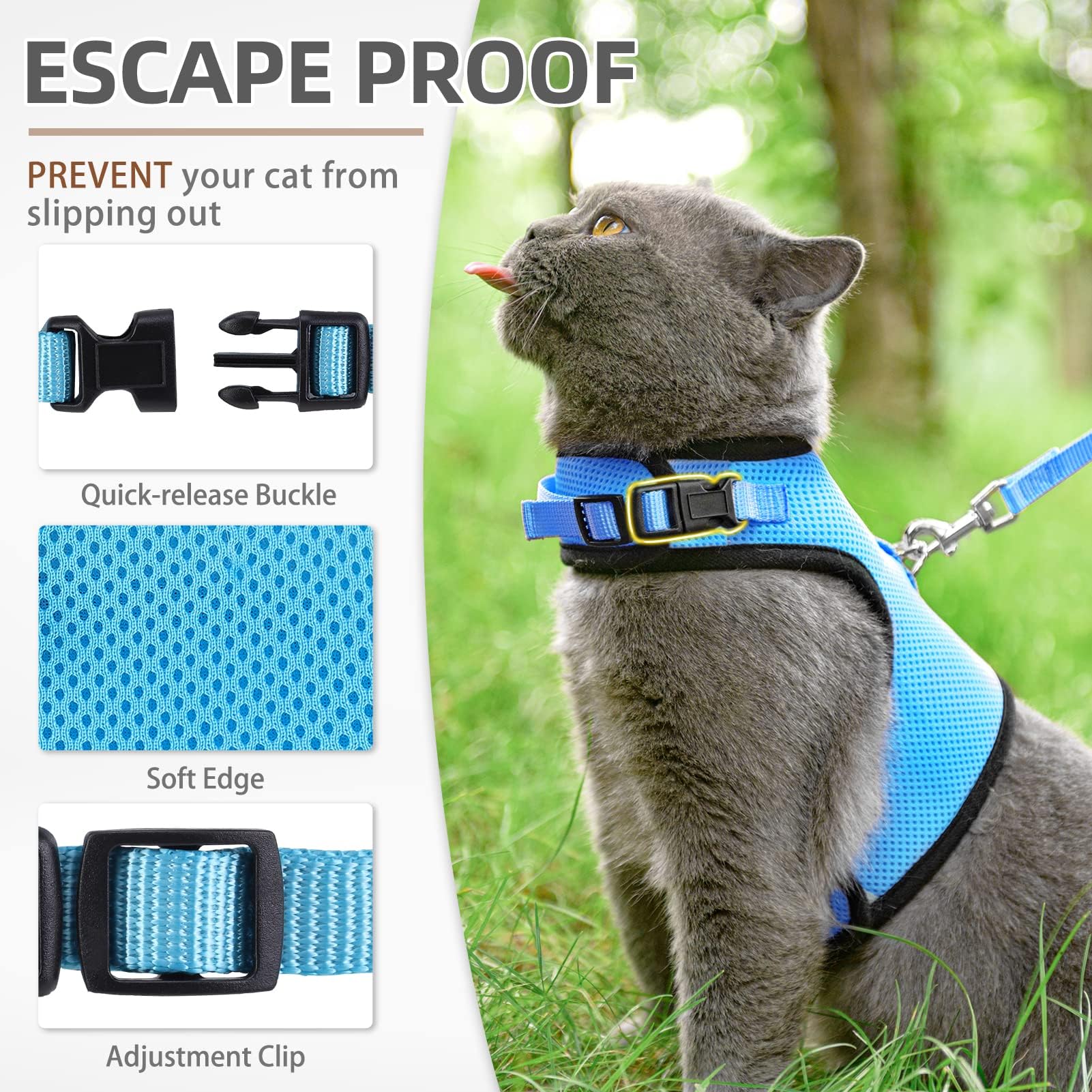 Pupteck Soft Mesh Cat Vest Harness And Leash Set Puppy Padded Pet Harnesses Escape Proof For Cats Small Dogs, Blue Large
