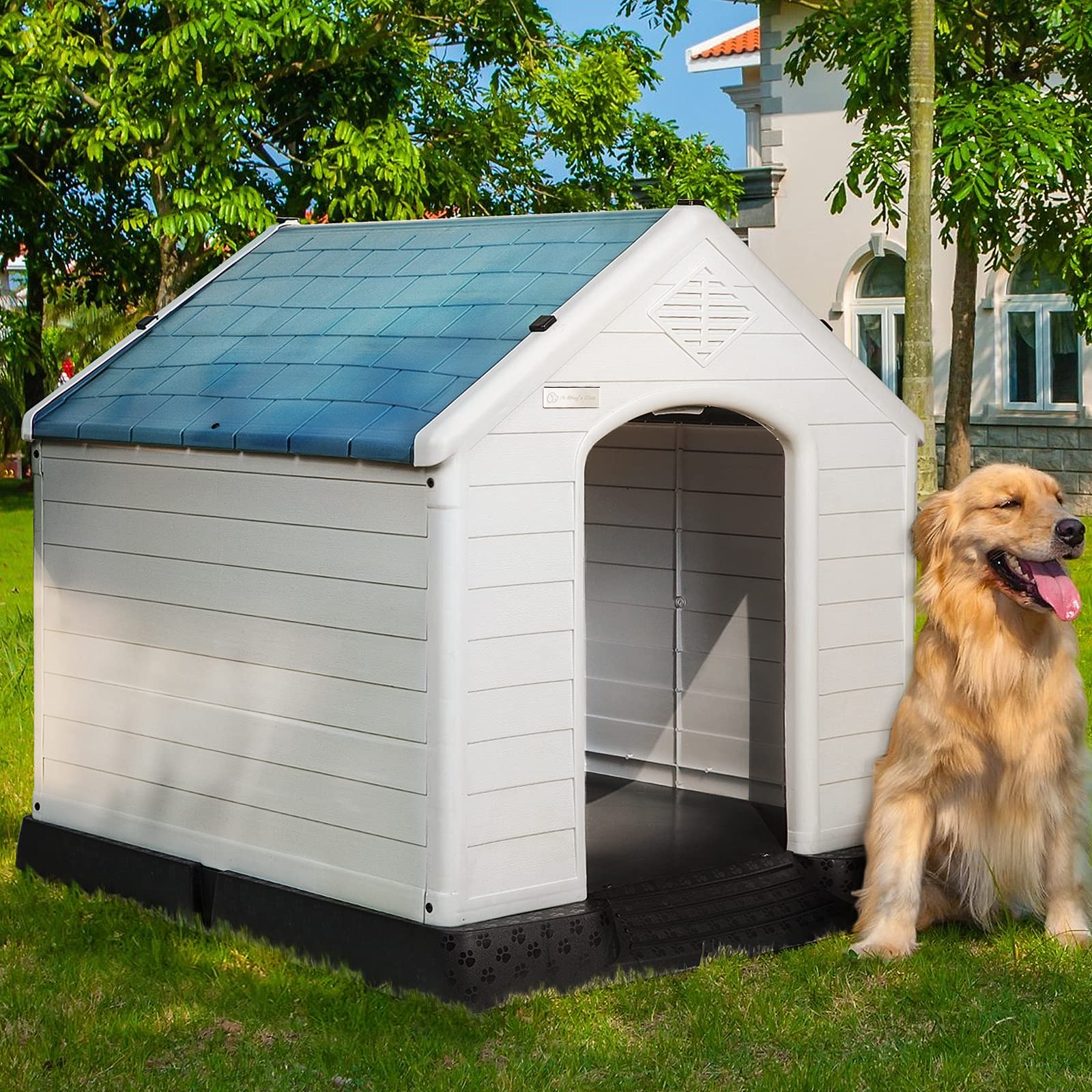 PUKAMI Plastic Outdoor Indoor,Durable Dog House for Small Medium Large Dogs,Waterproof, with Elevated Floor and Air Vents,Ventilate & Easy Clean and Assemble(Blue, 42inch)-New Condition
