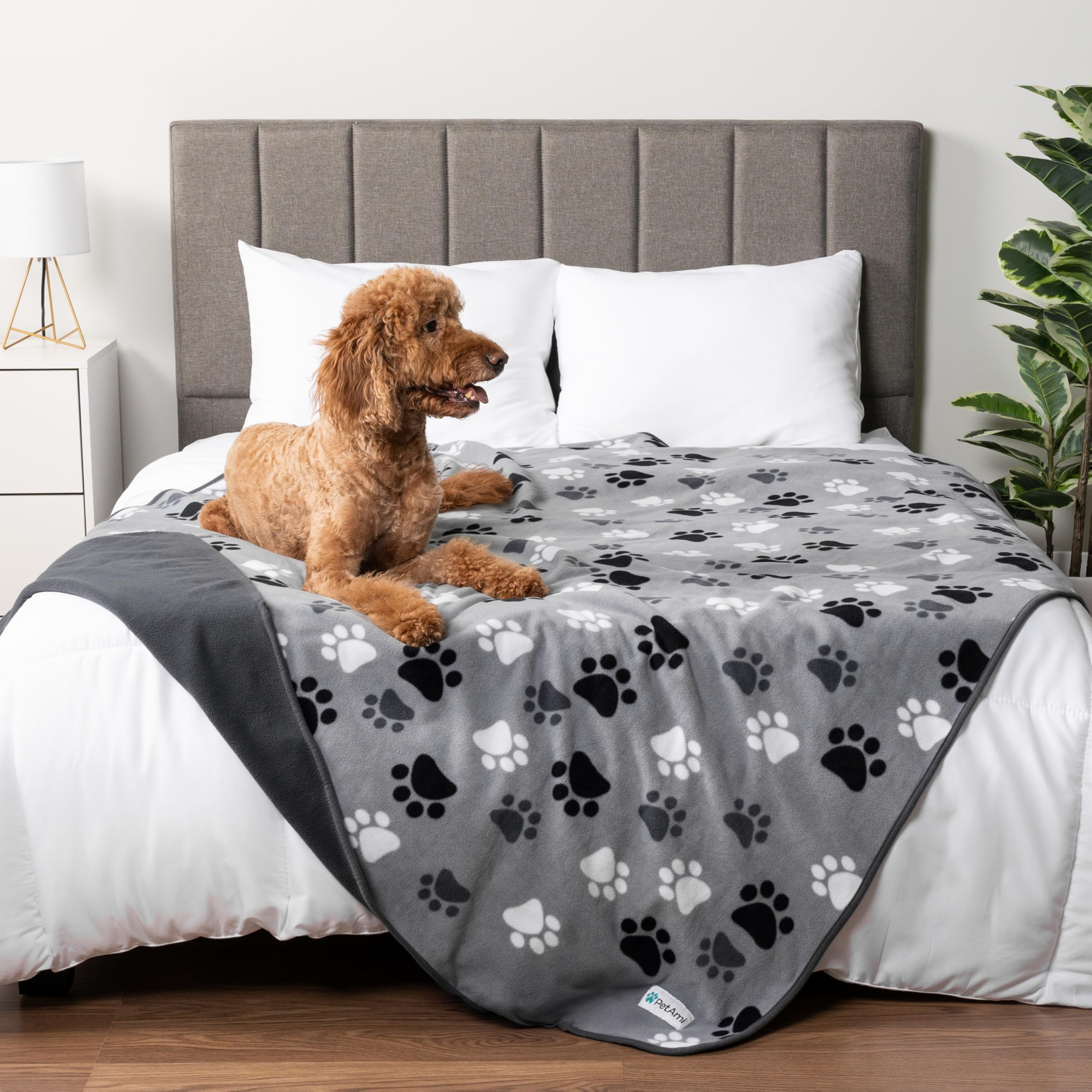 Petami Waterproof Dog Blanket For Medium Large Pets Dogs Cats, Pet Couch Cover Protector For Furniture, Reversible Washable Soft Fleece Cat Blanket For Bed Couch Sofa, 40X60 (Paw Print Gray)