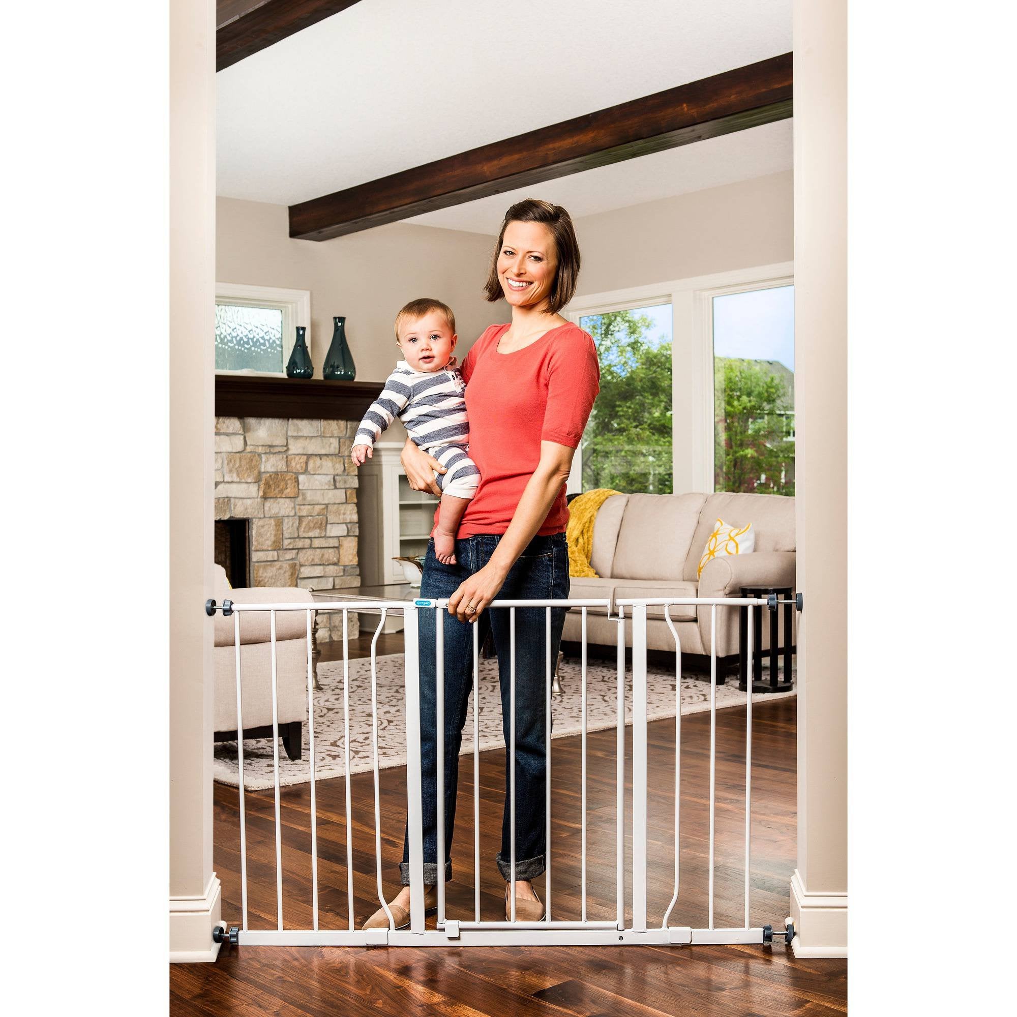 Regalo Easy Open 47-Inch Super Wide Walk Thru Baby Gate, Bonus Kit, Includes 4-Inch And 12-Inch Extension Kit, 4 Pack Pressure Mount Kit And 4 Wall Cups And Mounting Kit , 11 Count (Pack Of 1),White