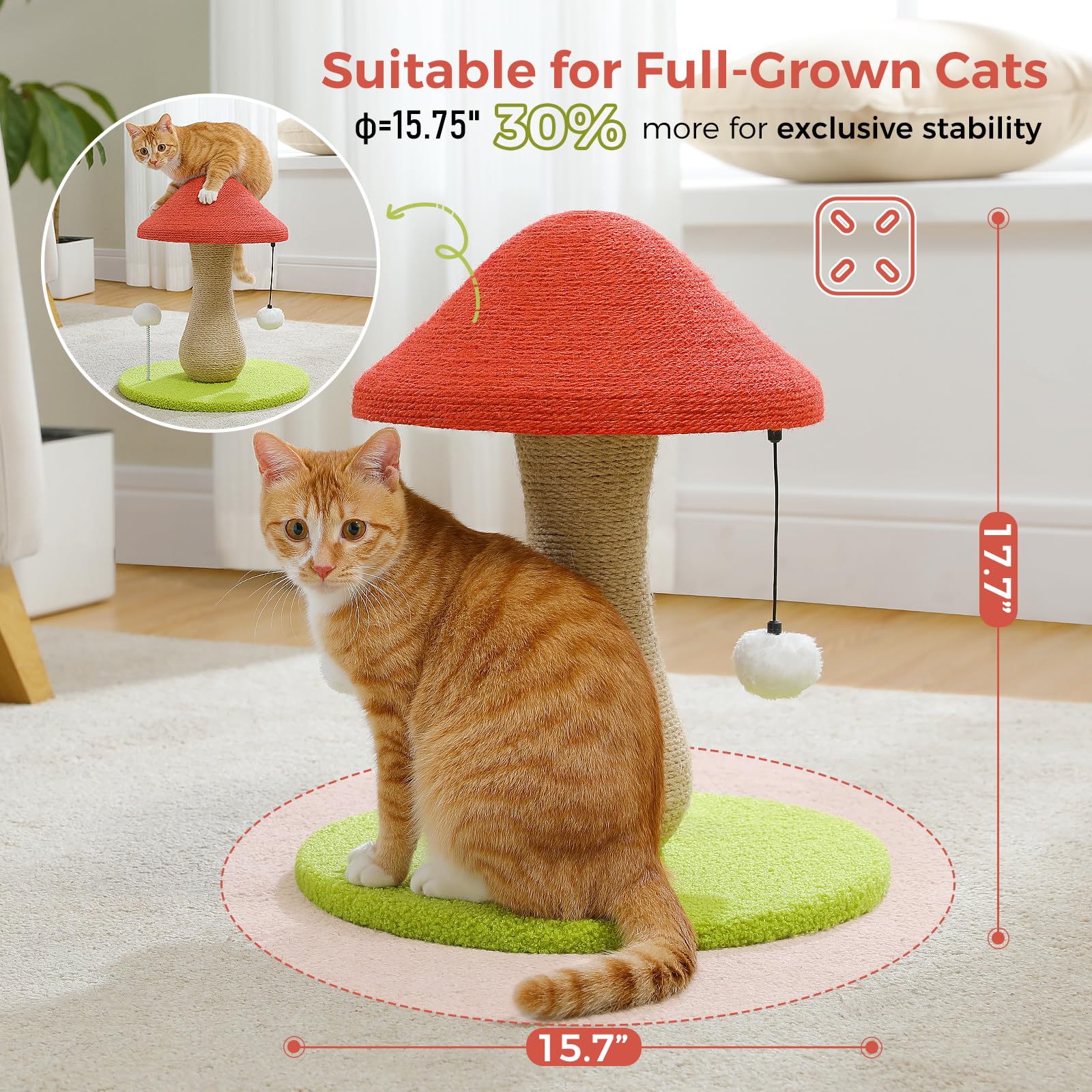 Petepela Mushroom Cat Scratching Post, Cat Scratcher Cute With 100% Sisal Covered Scratching Post & Pompoms Toy, Mushroom Cat Po
