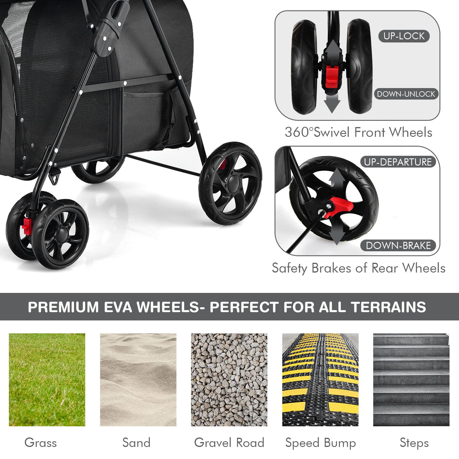 Giantex Double Pet Stroller With 2 Detachable Carrier Bags, Safety Belt, 4 Lockable Wheels Cat Stroller Travel Carrier Strolling Cart, Folding Dog Stroller For Small Medium Dogs Cats Puppy (Black)
