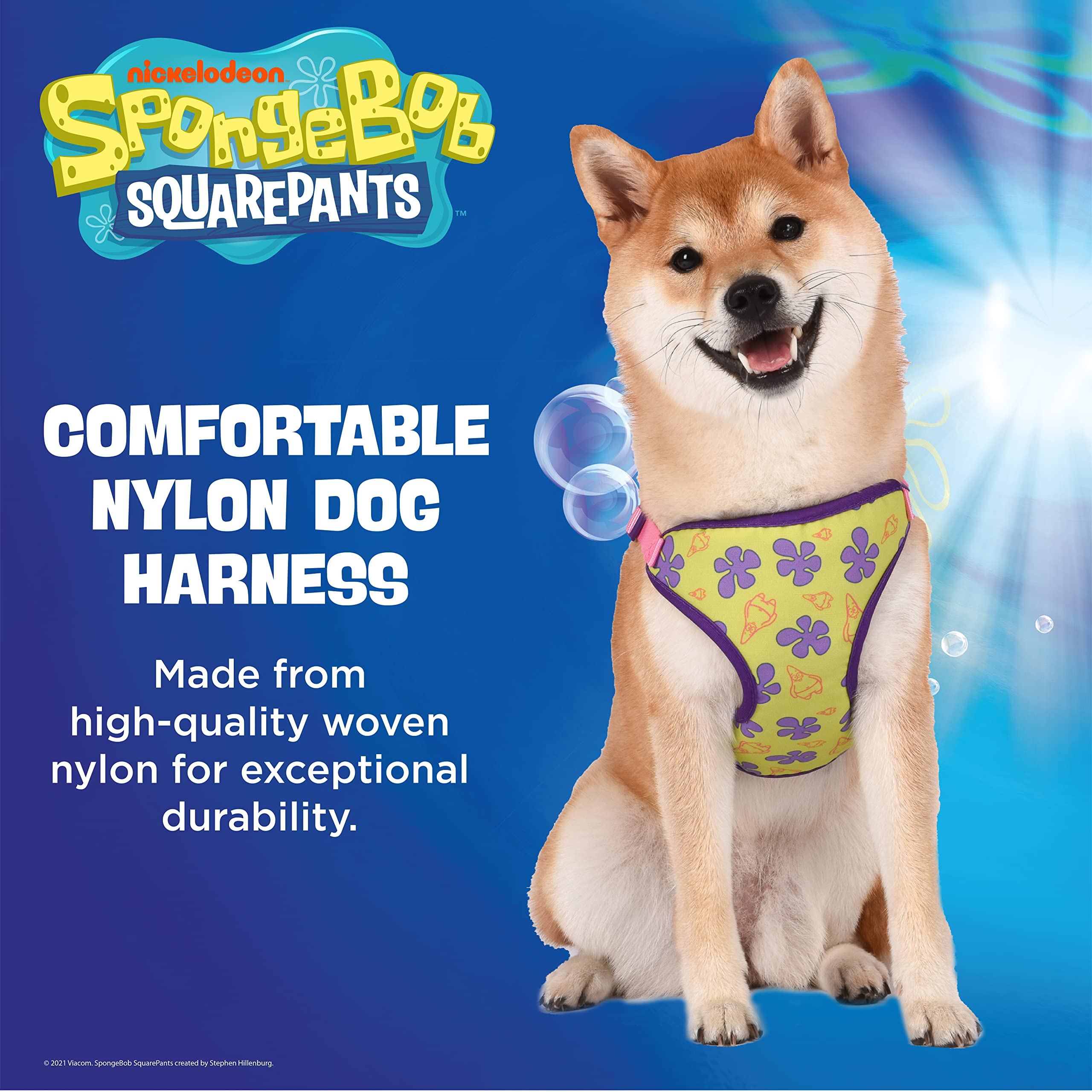 Spongebob Squarepants For Pets Patrick Dog Harness For Medium Dogs | No Pull Dog Harness Vest With Green Body, Purple Flowers, And Pink Straps | Soft And Comfortable Medium Dog Apparel