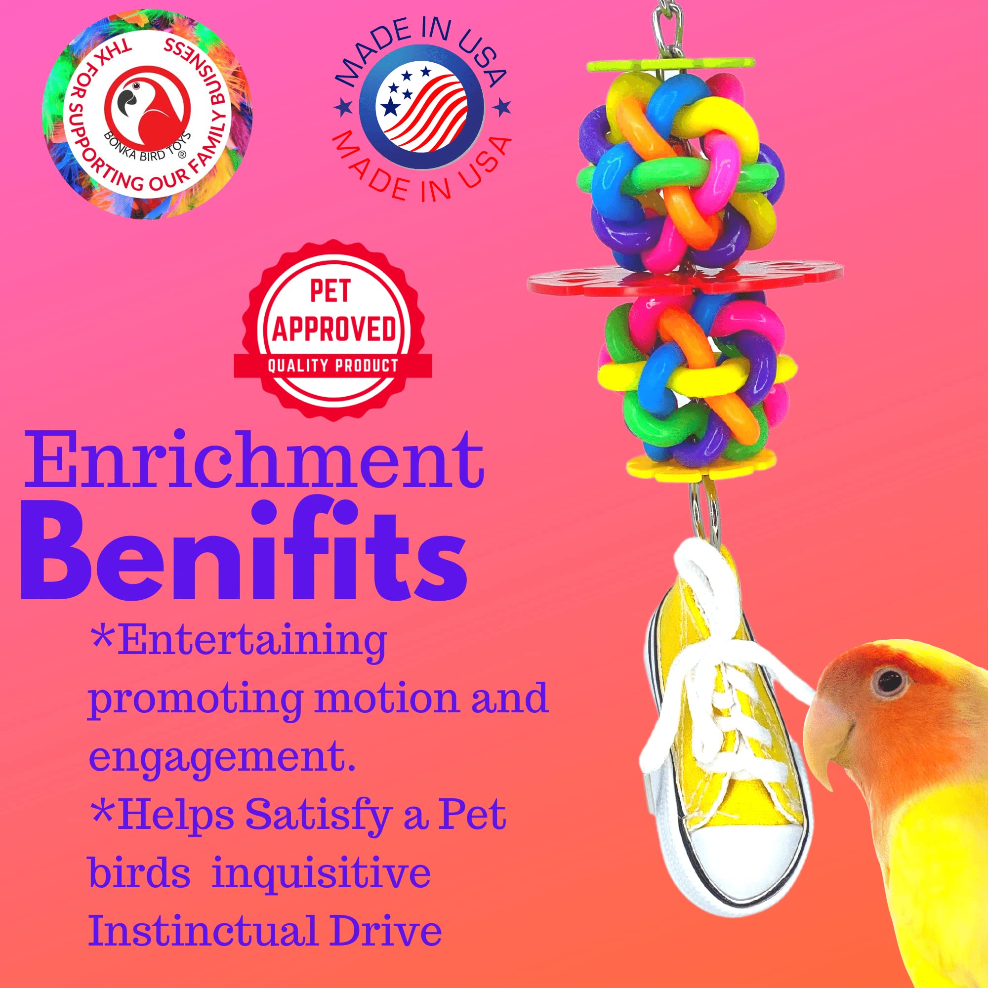 Bonka Bird Toys 1977 Sneaker Snowflake Bird Toy Durable Chew Treat Foraging Ball Parrot, Parrotlet, Quaker, Cockatiel, African G