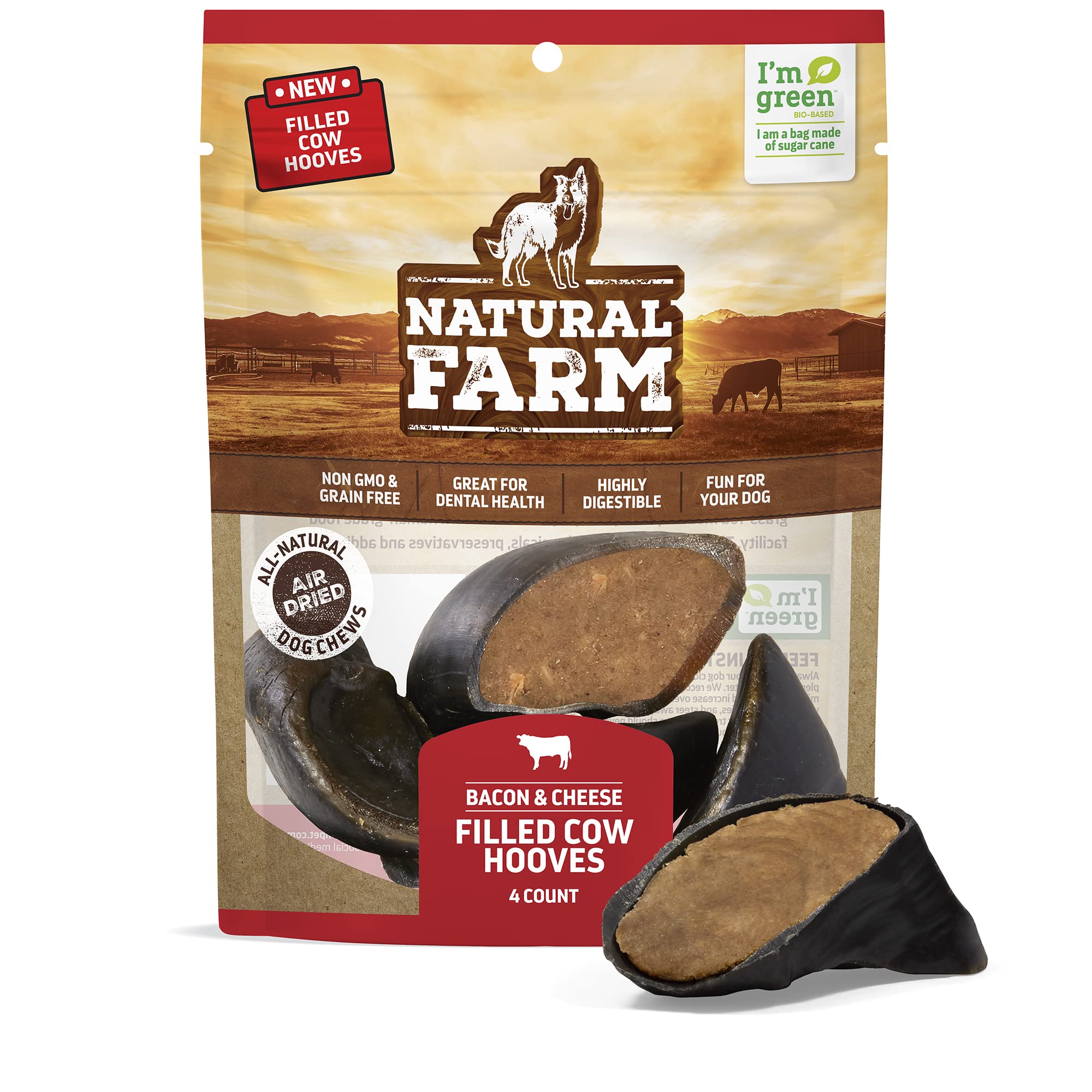Natural Farm Bacon & Cheese Flavor Filled Cow Hooves for Dogs (4-Pack), Long-Lasting Natural Hoof Beef Bone Treats, Best for Sma