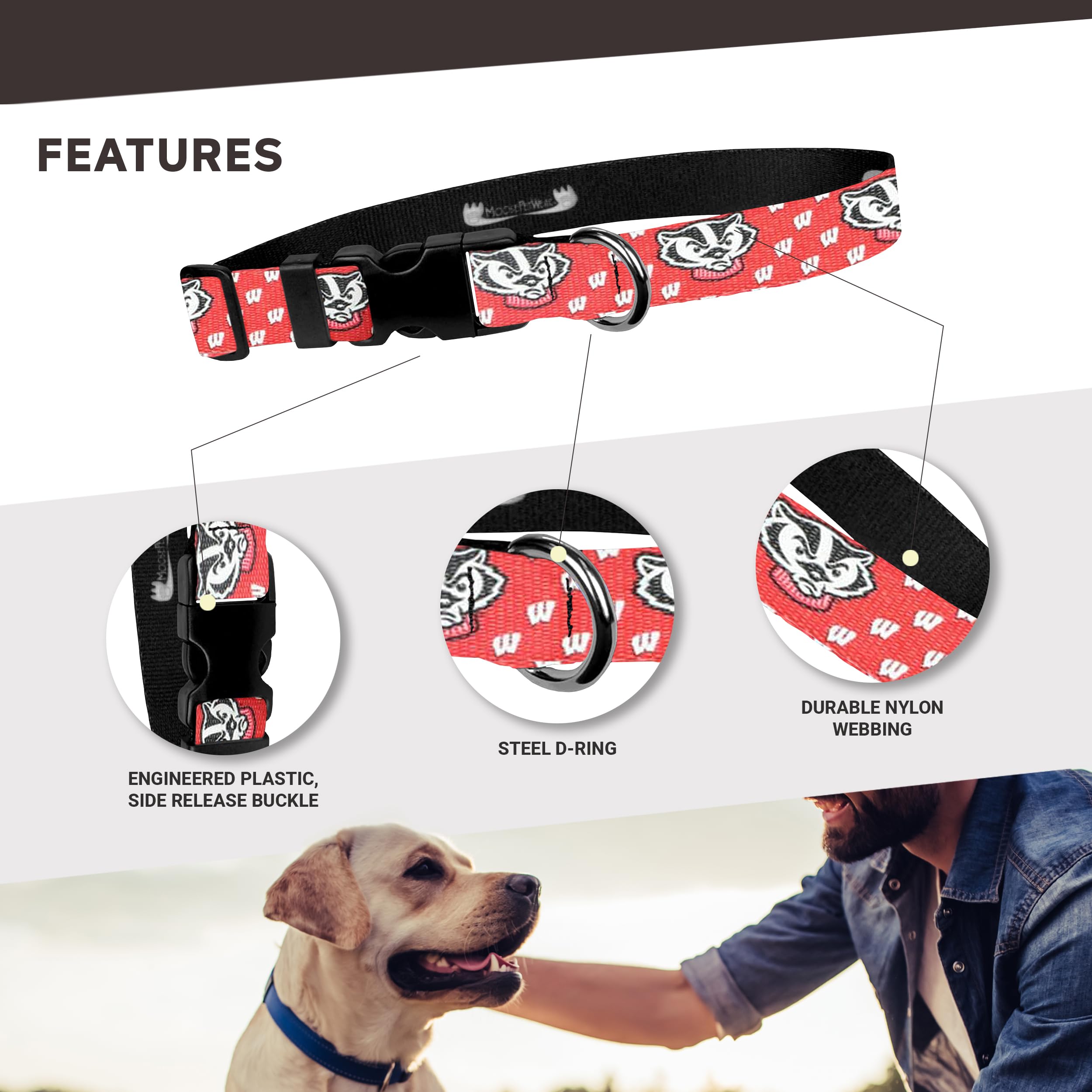 University Of Wisconsin Dog Collar - Deluxe Adjustable Dog Collars, 1'' Wide Collar Adjusts 11-1/2 - 17-1/2'', Medium, Red Badge