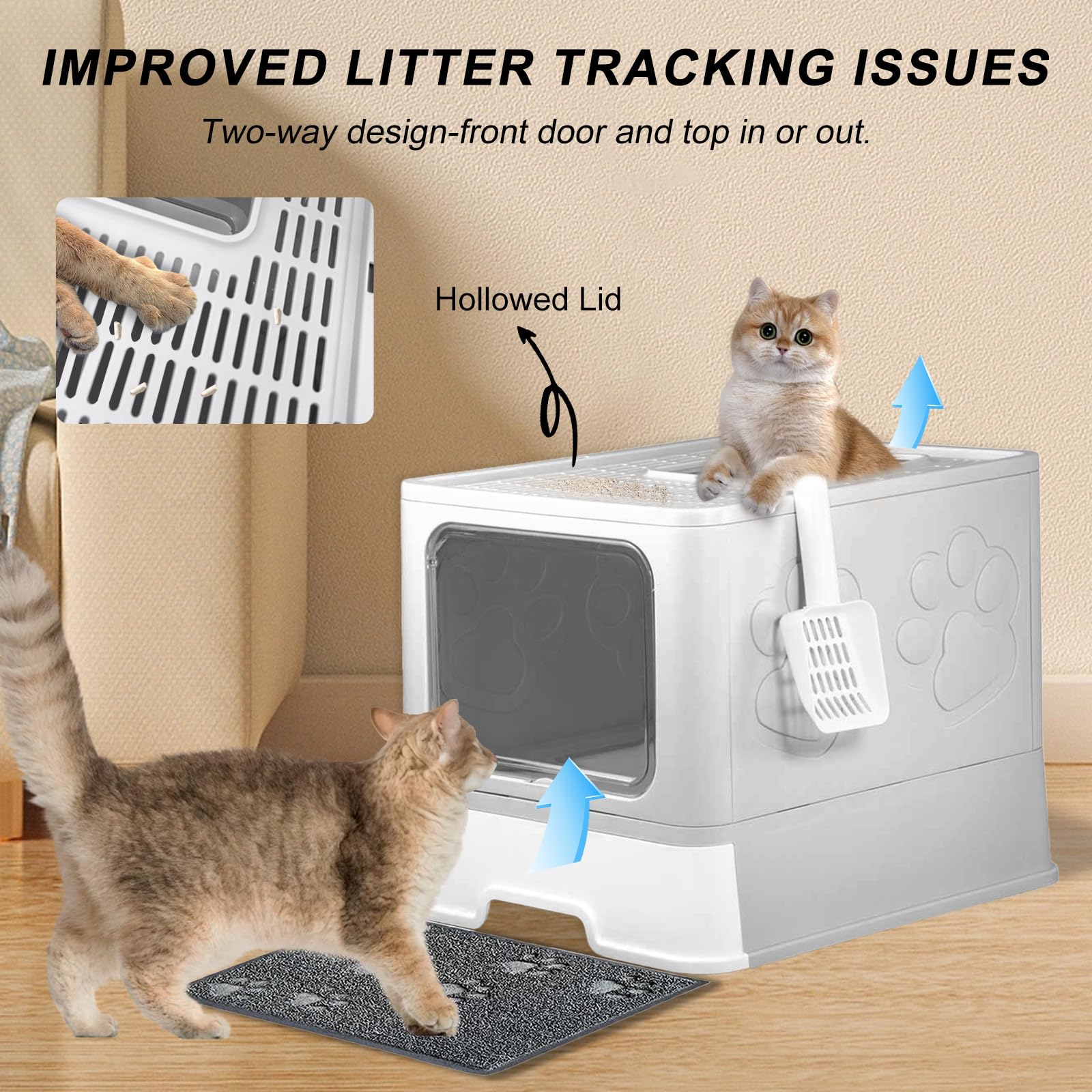 Upgrade Portable Litter Box, Top Entry Cat Box with Lid, No Leakage Kitty Box with Scoop and Mat, Easy Cleaning Cat Box Enclosur