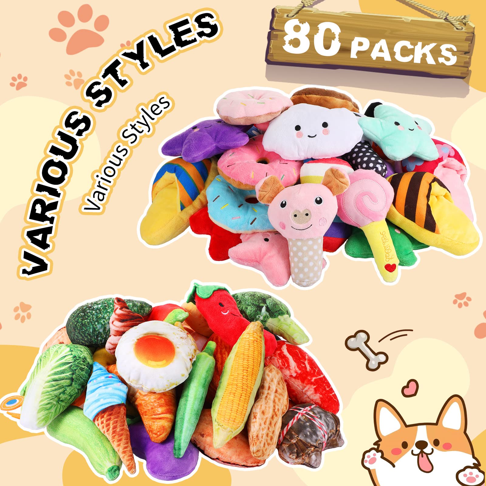 Hungdao 80 Pcs Dog Squeaky Toys Bulk For Small Puppy Dog Stuffed Plush Chew Toys Small Medium Dogs Pet Toys With Squeakers For P