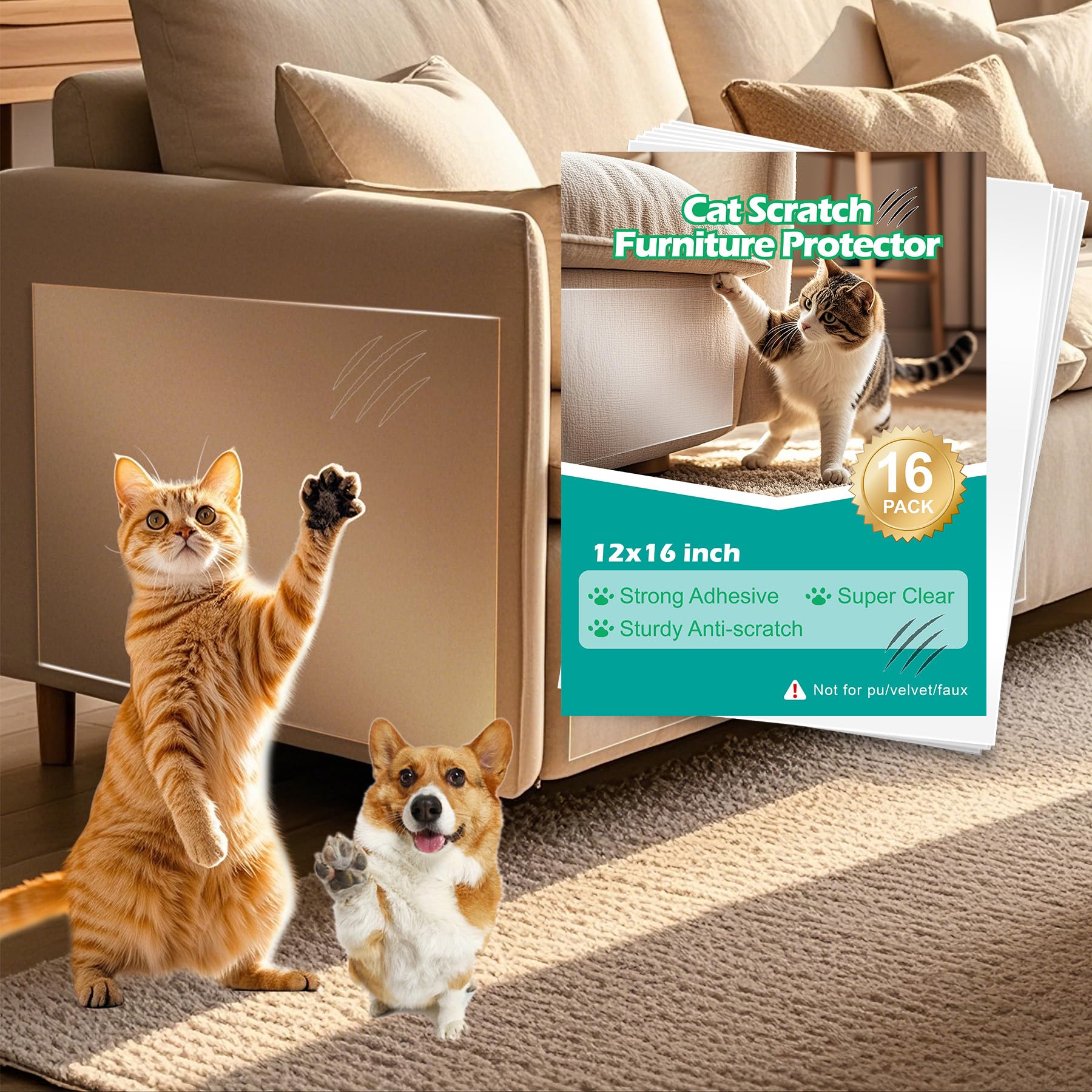 Wawiny Cat & Dog Scratch Protector 16-Pack (12''X16''/30X40Cm) - Clear Self-Adhesive Furniture Tape, Cut To Fit, No Residue Remo