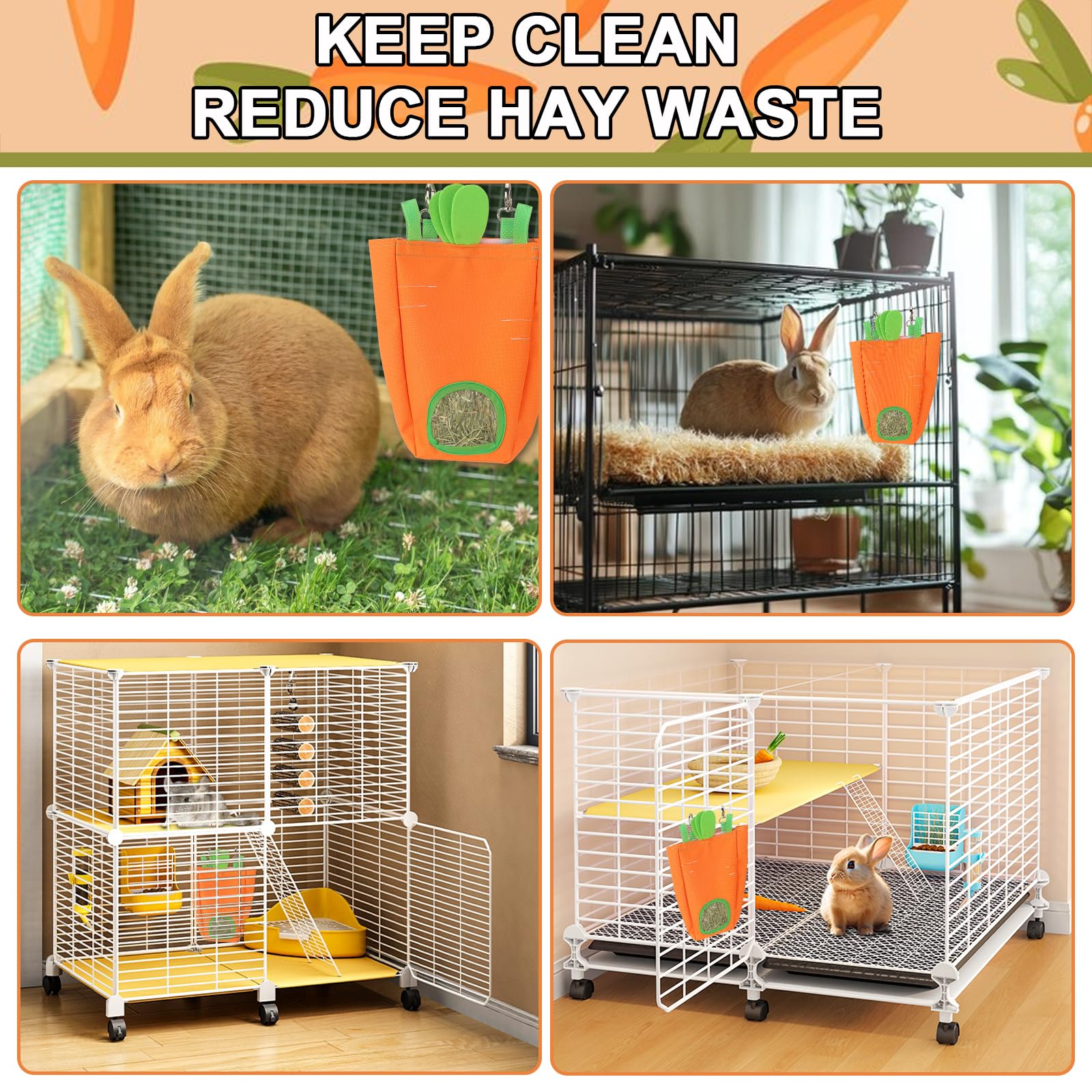 Abtols Rabbit Hay Feeder Bags, Hanging Hay Feeder For Cage Guinea Pigs Chinchillas Hamsters Orange Green Carrot Shape Bunny Smal
