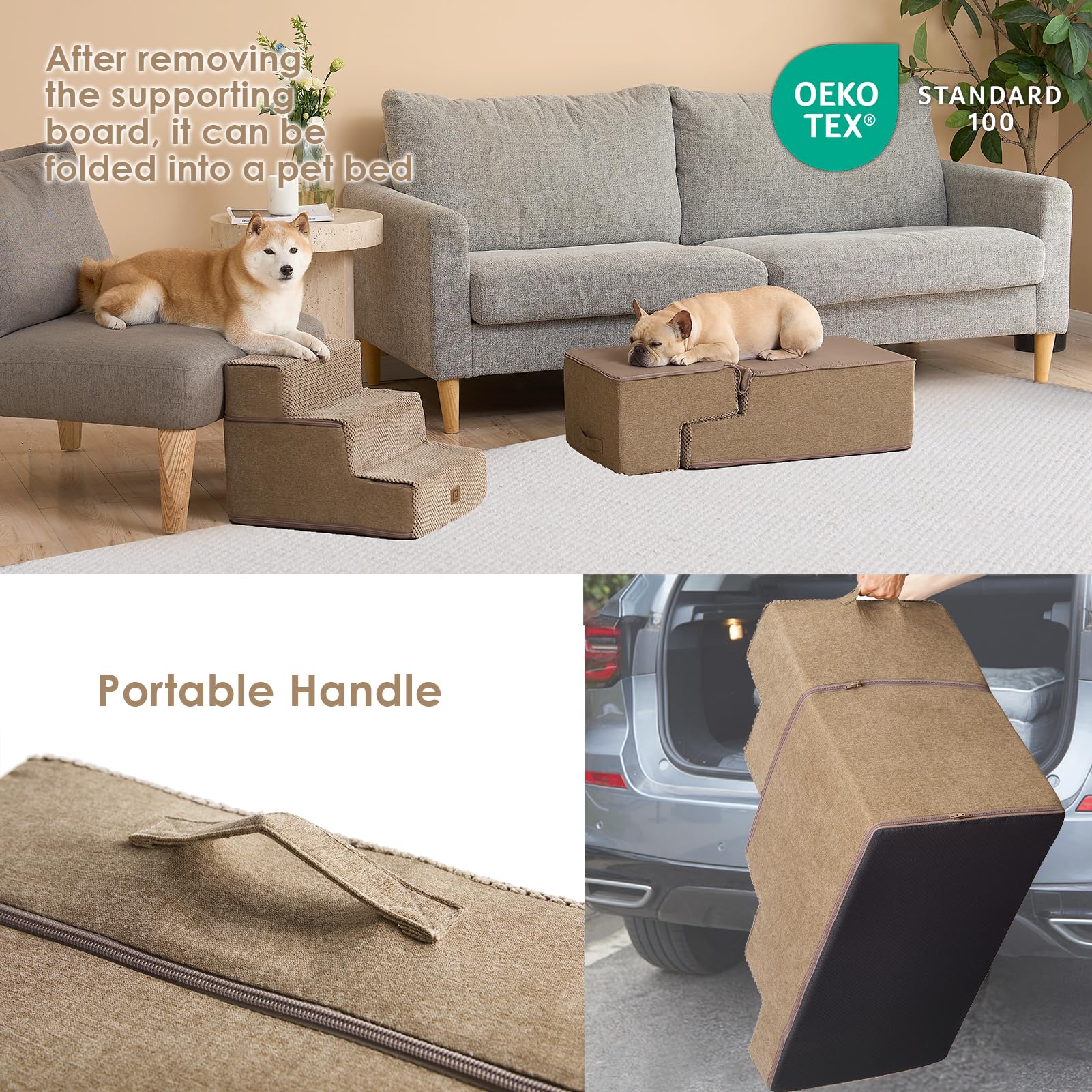 Eheyciga Dog Stairs For Bed 18”H, 4-Step Dog Steps For High Bed, Pet Steps For Small Dogs And Cats, Non-Slip Balanced Dog Indoor Ramp, Camel