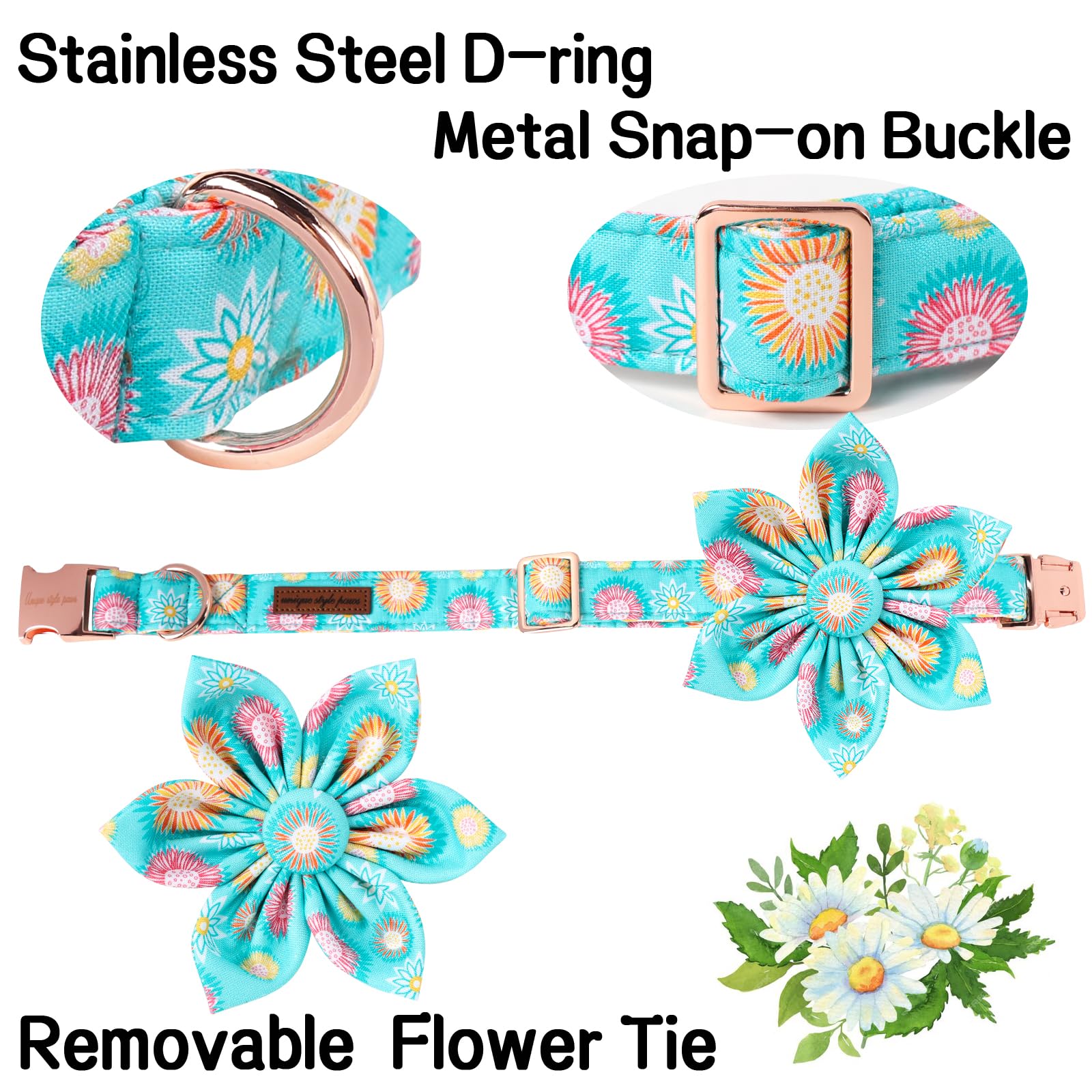 Unique Style Paws Summer Dog Collar With Floral Bow,Sunflower Bow Tie Puppy Collars, Cute Blue Dog Bows Collar For Small,Medium,