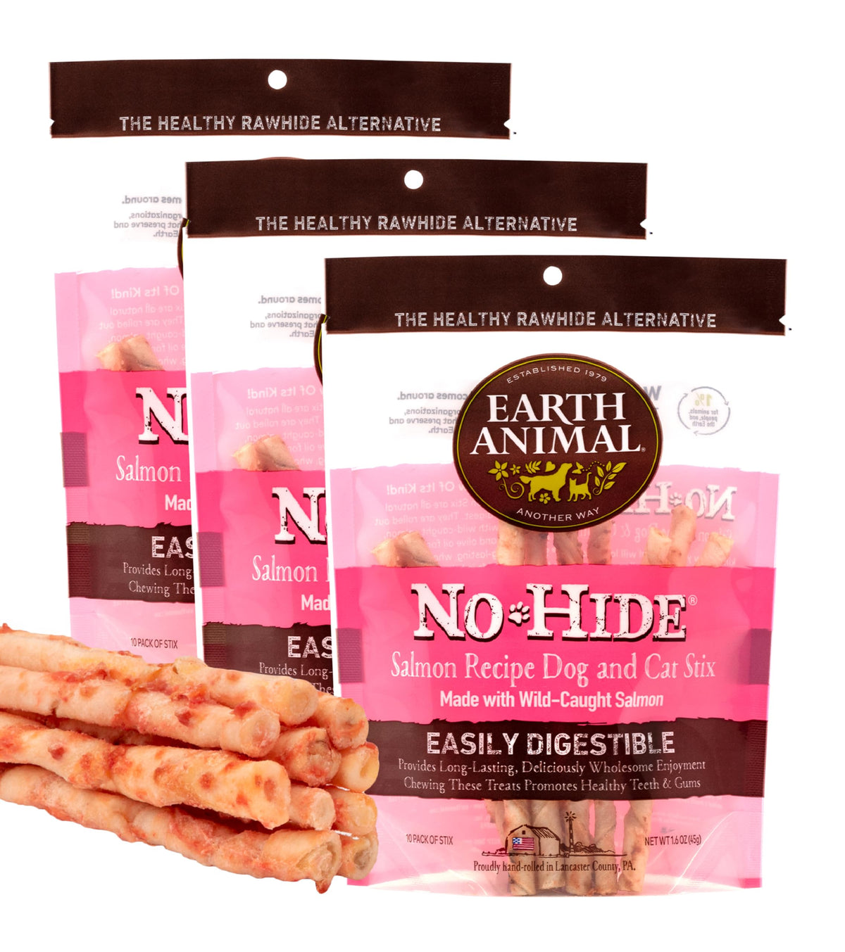 Earth Animal No Hide Stix Salmon Flavored Natural Rawhide Free Dog Chews Long Lasting Chew Sticks | Treats For Small Dogs And Cats | Great For Aggressive Chewers (3 Pack)