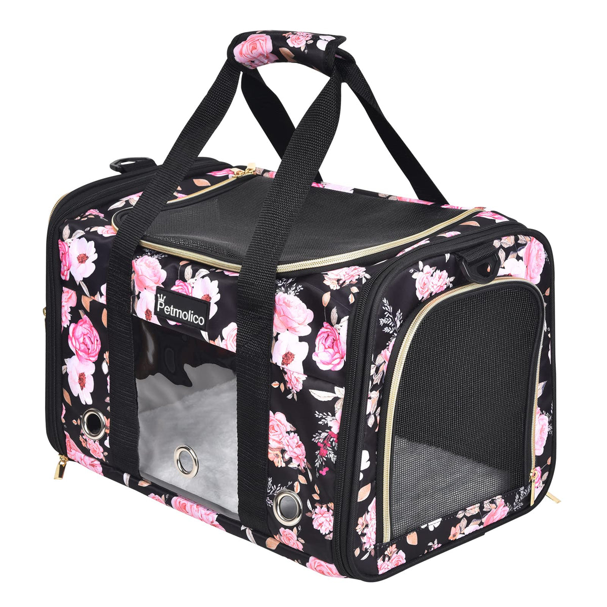 Petmolico Cat Carrier Soft-Sided Pet Bag For Small Medium Cats Puppies 16Lbs - Airline Approved Pet Travel Carrier 3 Open Doors (Medium,Pink Peony)