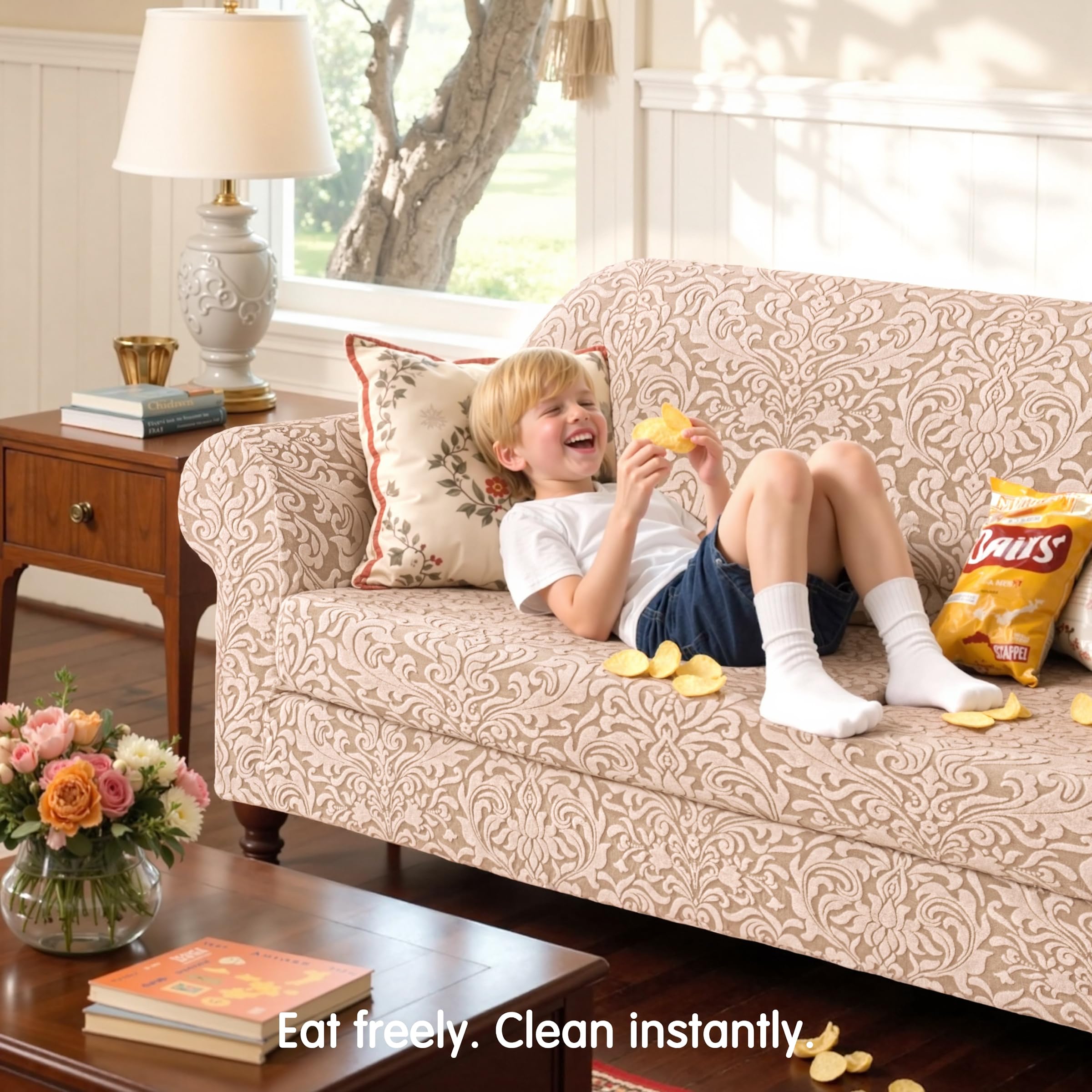 SUBRTEX 2 Piece Couch Covers, Jacquard Damask 3 Seater Sofa Cover with Seat Cushion, Stretch Sofa Slipcovers Non Slip Furniture