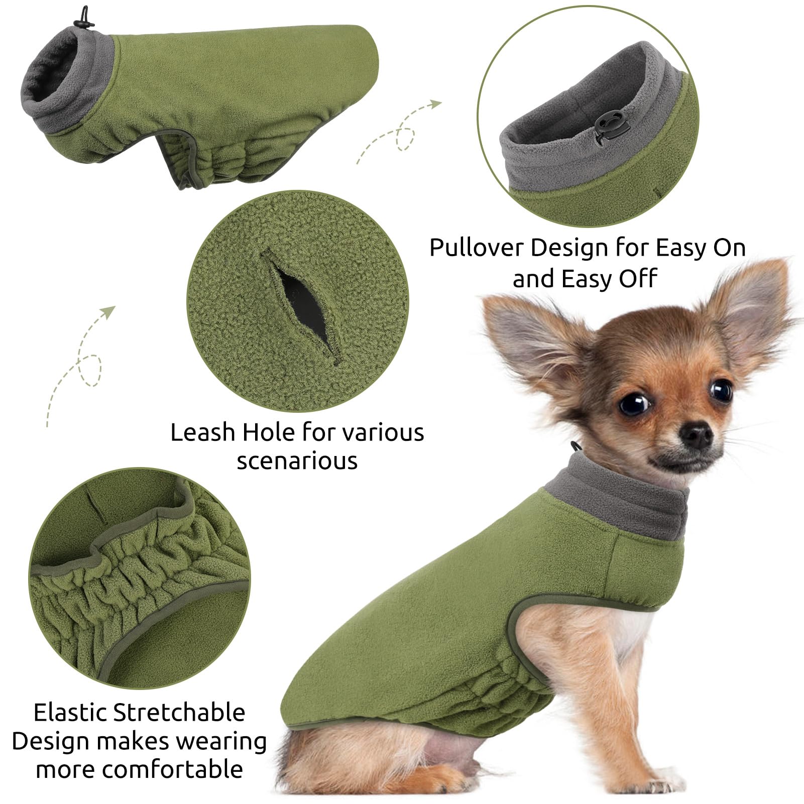 Queenmore Dog Sweater, Soft Fleece Pullover Jacket, Large, Green, Warm Winter Coat for Small Dogs and Cats