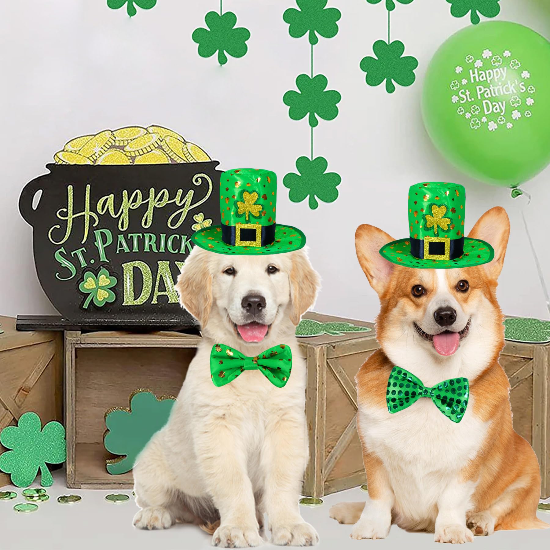 Goyoswa Goyoswa 3 Pcs Dog St. Patrick'S Day Outfit, St Patricks Day Dog Clothes Green Shamrock Dog Hat Dog Bow Tie Collar For Sm