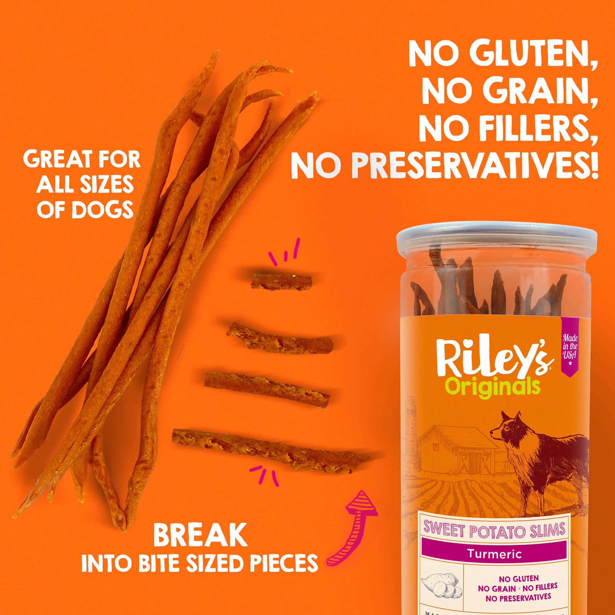 Rileys Slims Dried Sweet Potato Dog Treats - Dehydrated Chews with Turmeric - Limited Ingredient USA Sourced Sweet Potato - Mad