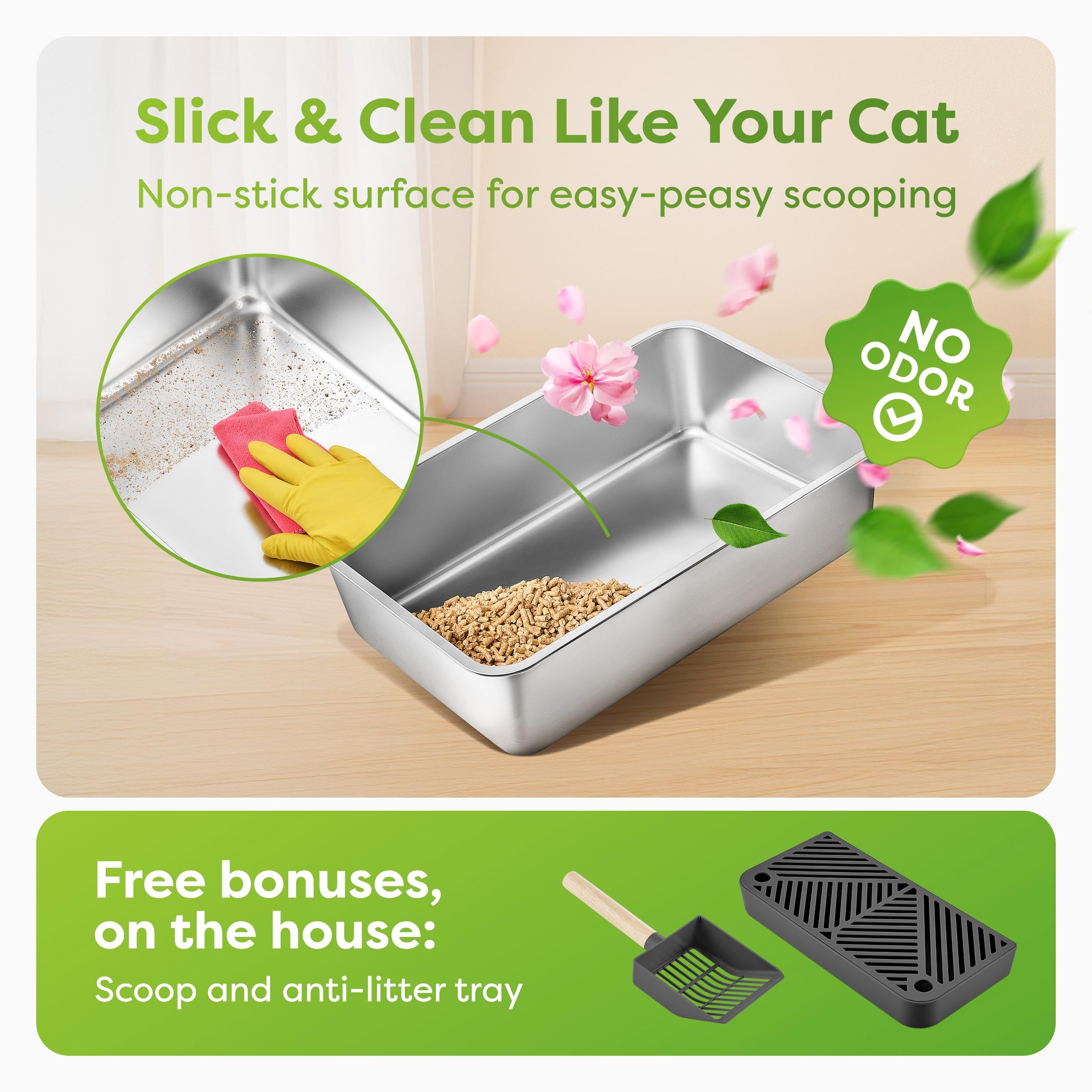 Ohm Pets Xl Stainless Steel Cat Litter Box - 20L Non-Stick, Rust-Proof Metal Litter Box With High Sides For Spill Prevention, Du