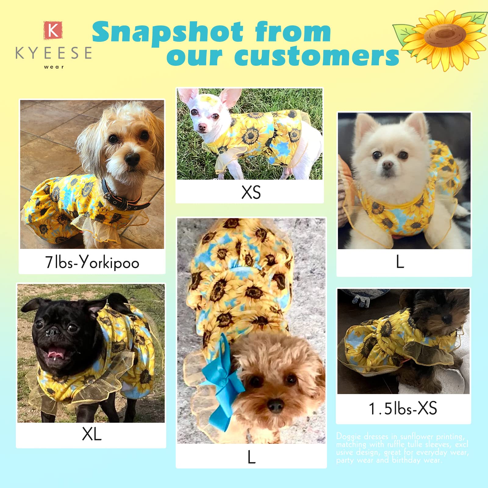 Kyeese Dog Dress Sunflower Dogs Sundress Tulle With Ruffle Sleeves Puppy Dress Dog Clothes