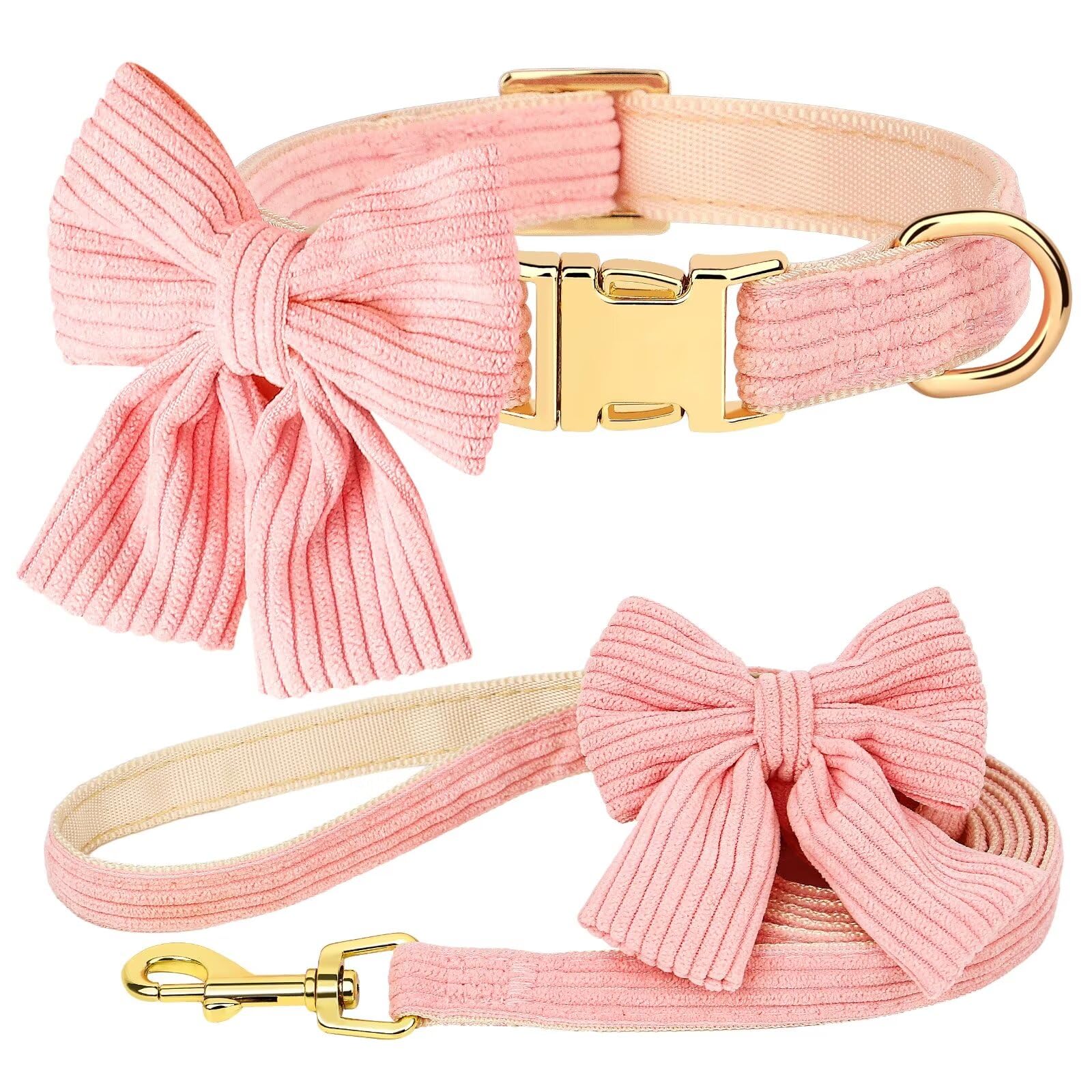 Didog Dog Collar And Leash Set With Bowtie, Girl Dog Collars Metal Buckle Adjustable For Small Medium Dogs(Pink, M)