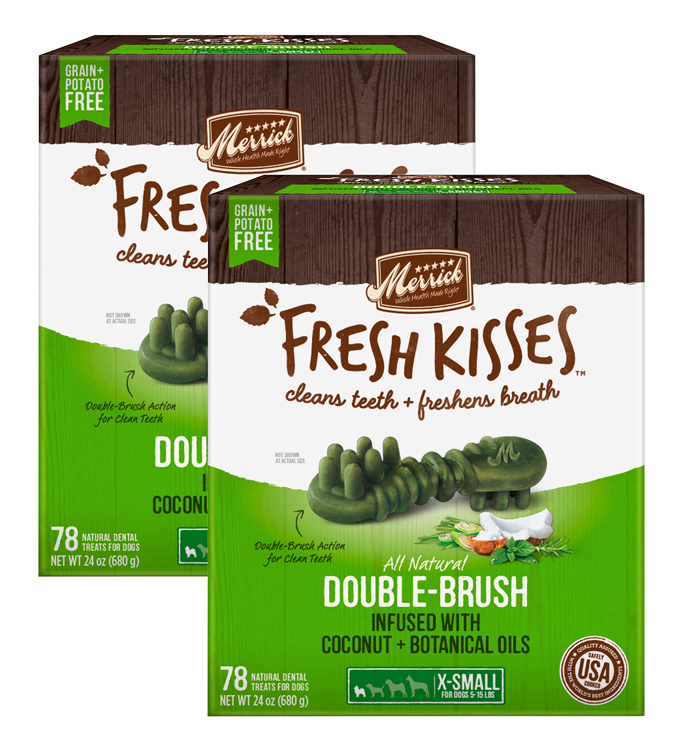 Merrick Fresh Kisses Double-Brush Dental Dog Treats, Infused with Coconut & Botanical Oils, Cleans & Freshens Breath for X-Small